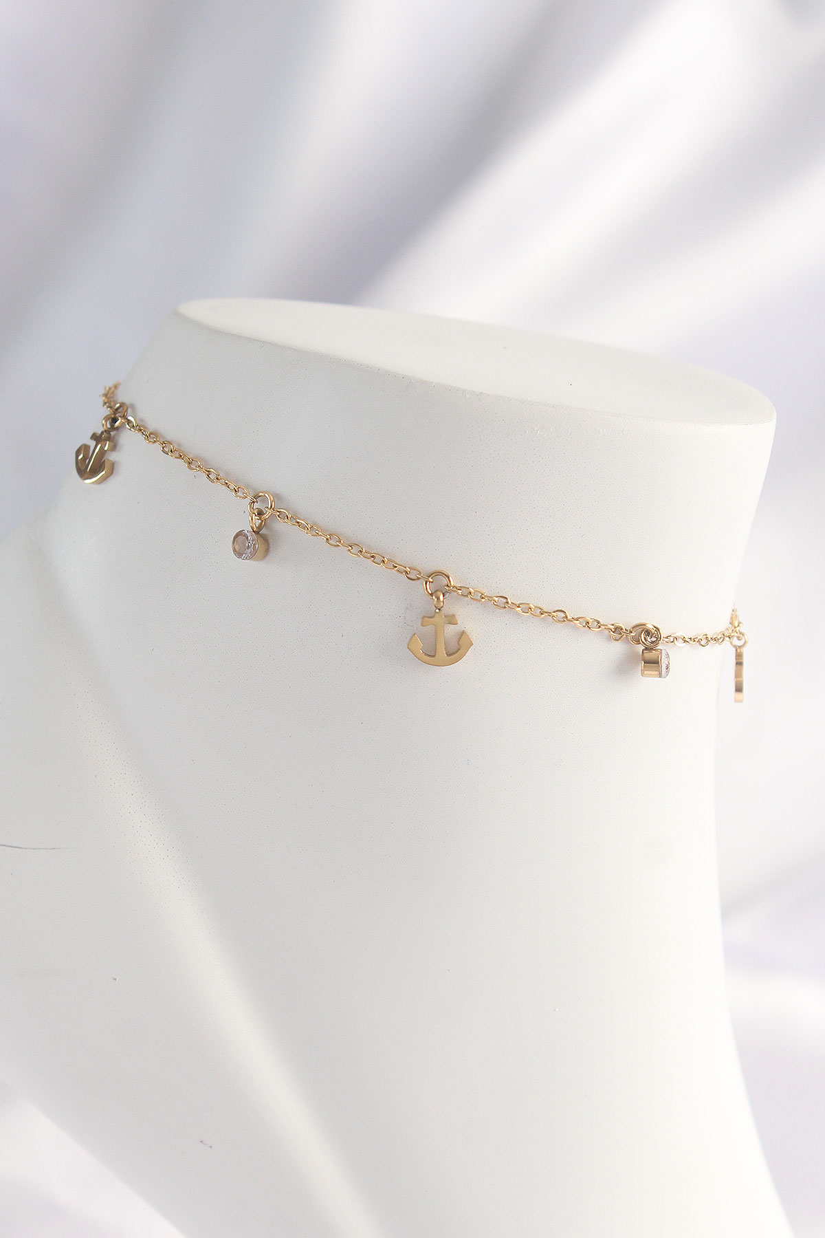 316L Çelik Gold Renk Zirkon Taşlı Minimal Çapa Tasarımlı Halhal -