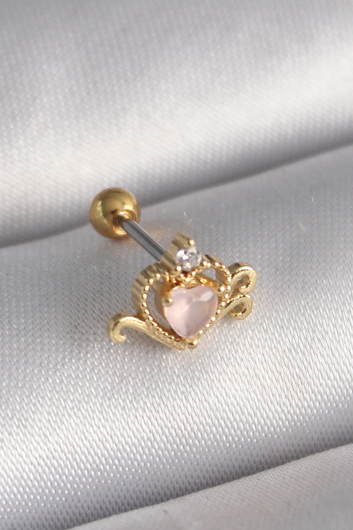 316L Çelik Gold Renk Pembe Mineli Kalp Zirkon Taş Detay Tragus Pi