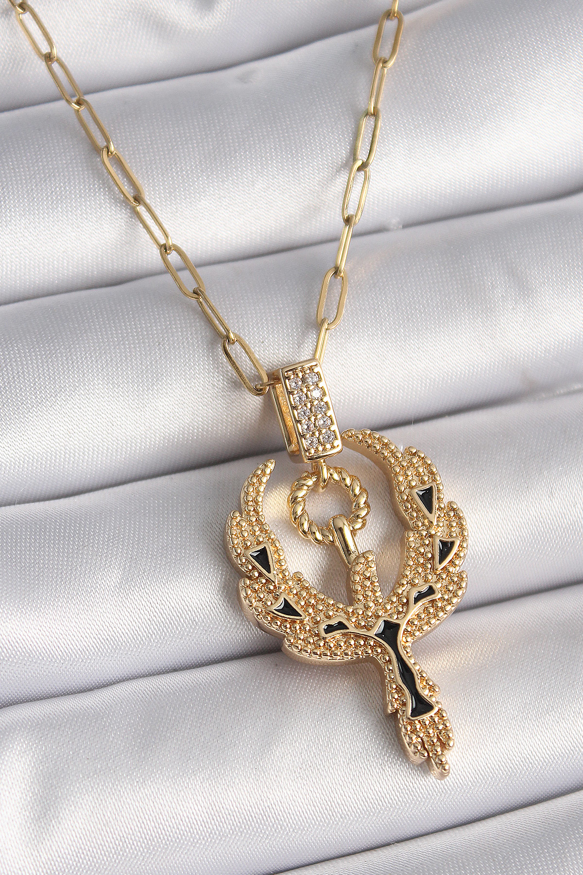 316L Çelik Gold Renk Zirkon Taşlı Anka Kuşu Model Kadın Kolye - T