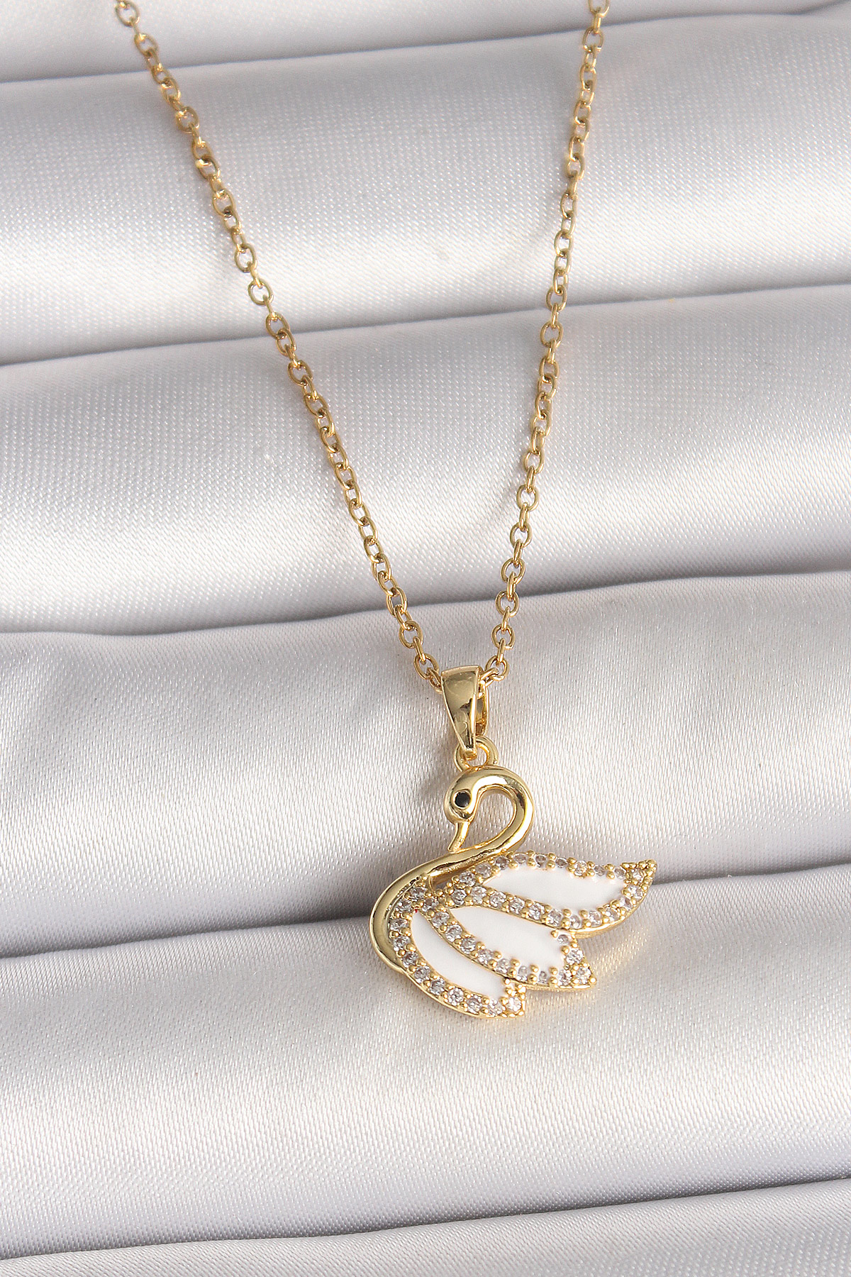 316L Çelik Gold Renk Zincir Zirkon Taşlı Kuğu Model Kadın Kolye S