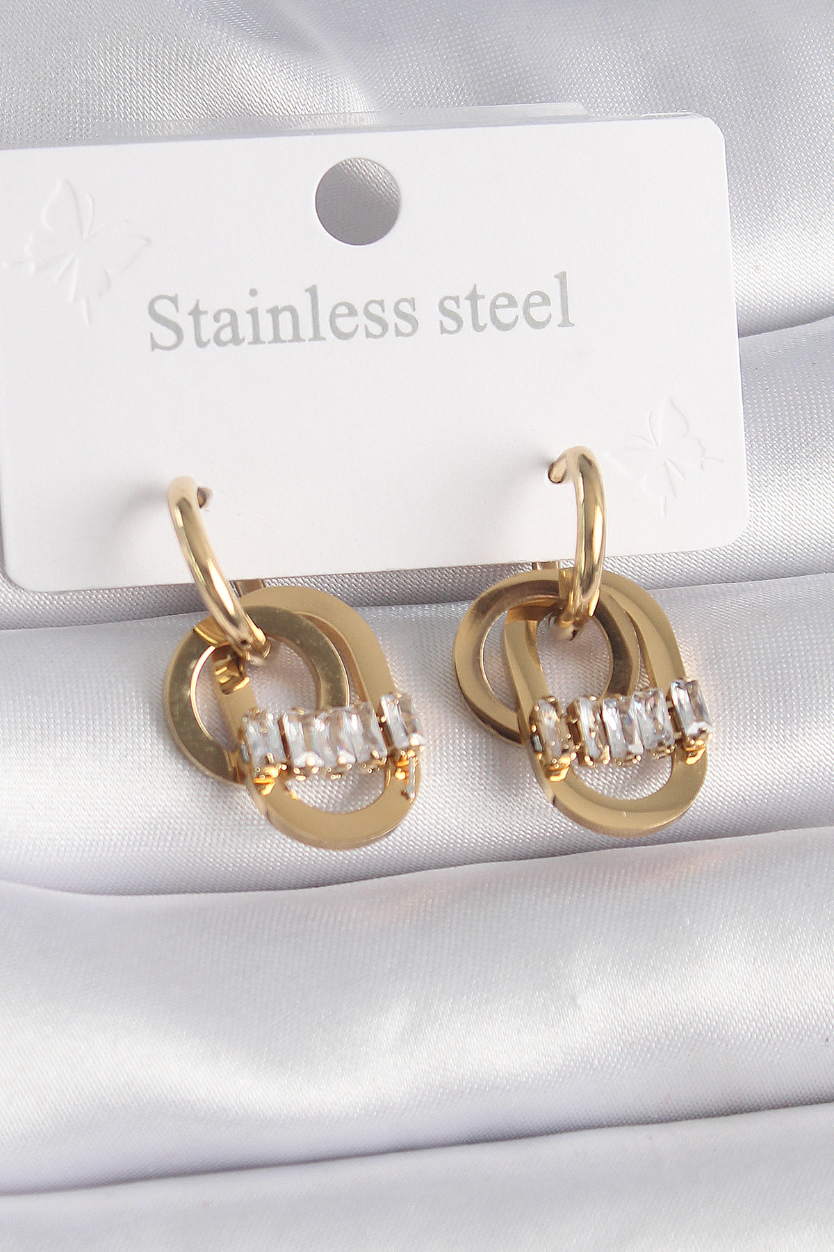 316L Çelik Gold Renk Zirkon Taşlı Halka Model Kadın Küpe - TJ-BKP