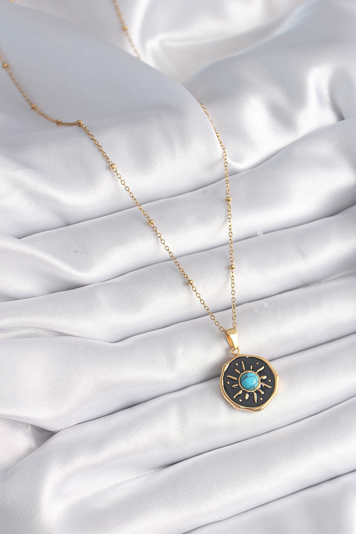 316L Çelik Gold Renk Mavi Boncuk Güneş İşleme Madalyon Model Kadı