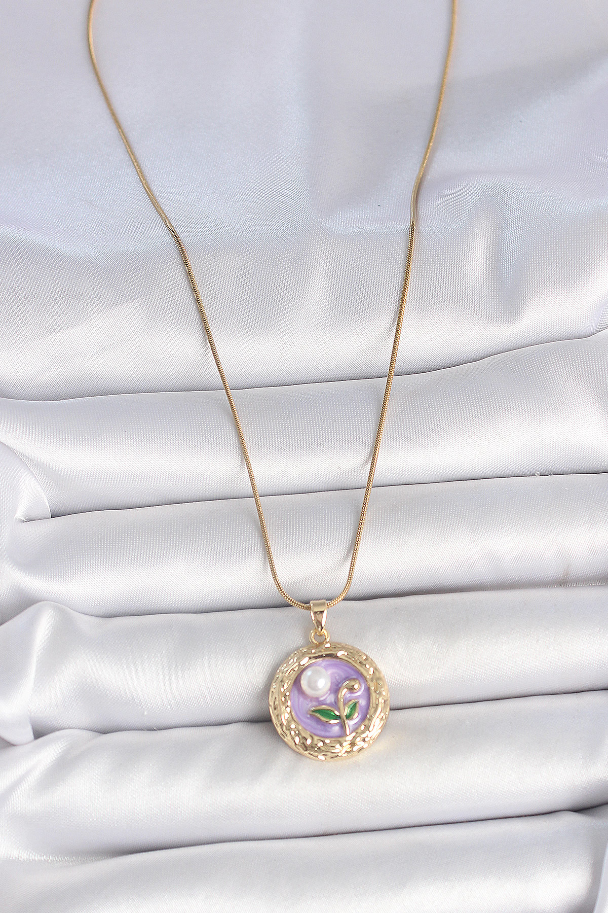 316L Çelik Gold Renk Zincir Mor Çiçek İşlemeli İnci Detay Potre M