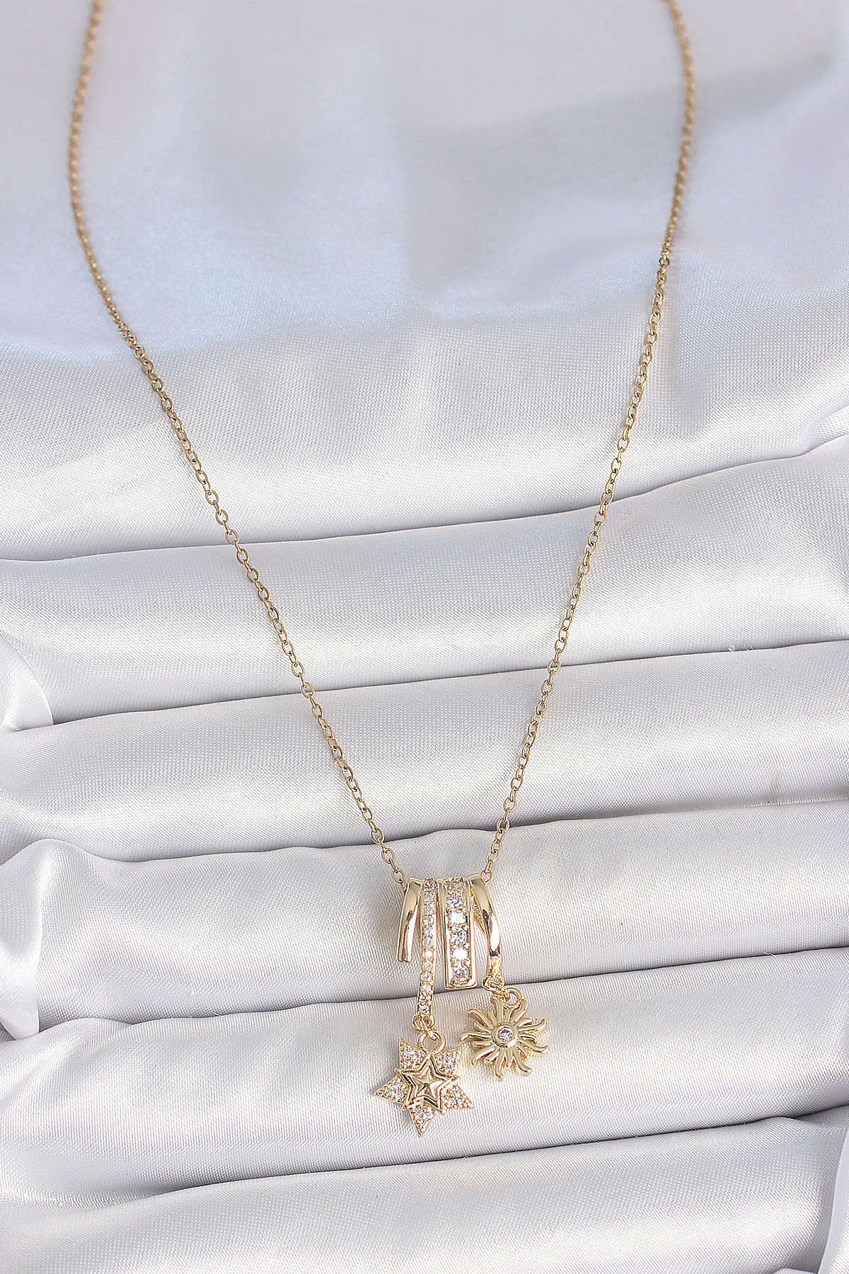 316L Çelik Gold Renk Sallantı Zirkon Taşlı Yıldız Güneş Figür Cha