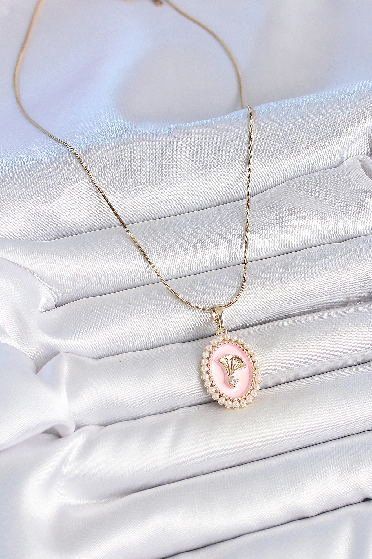 316L Çelik Gold Renk Zincir Pembe Mineli İncli Zirkon Taşlı Çiçek