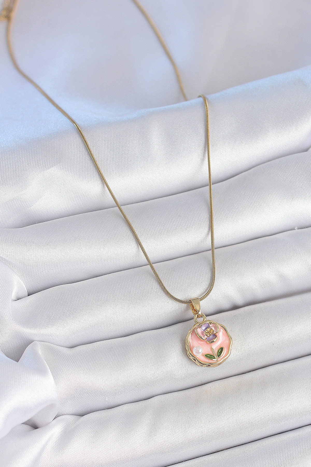 316L Çelik Gold Renk Zincir Pembe Minimal Çiçek İşlemeli İnci Det