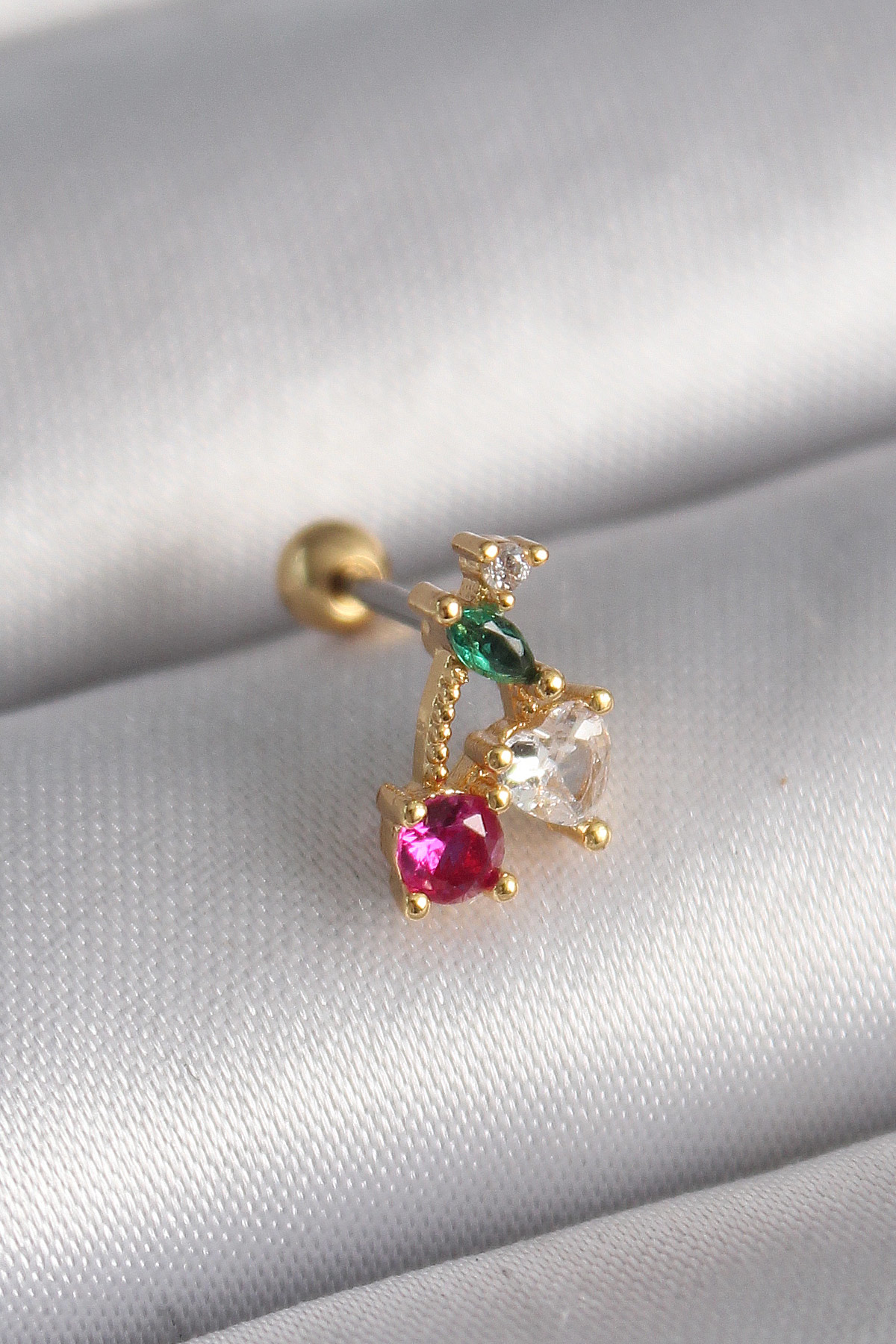 316L Çelik Gold Renk Zirkon Taşlı Kiraz Tragus Piercing - TJ-PR12