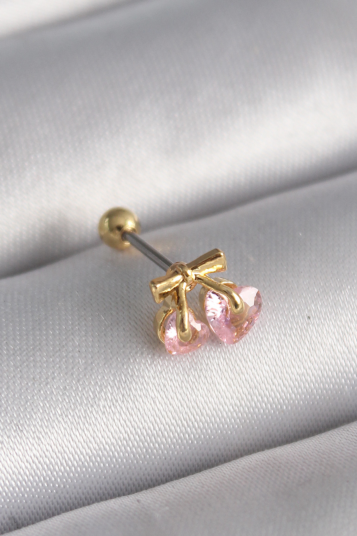 316L Çelik Gold Renk Pembe Zirkon Taşlı Kalp Tragus Piercing - TJ