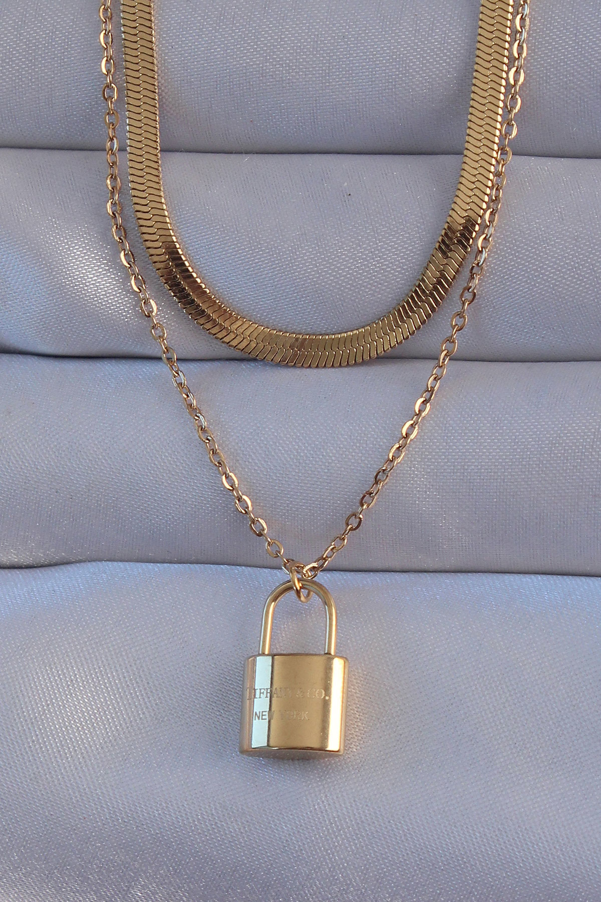 316L Çelik Gold Renk Çift Zincir Kilit Model Kolye SL8213