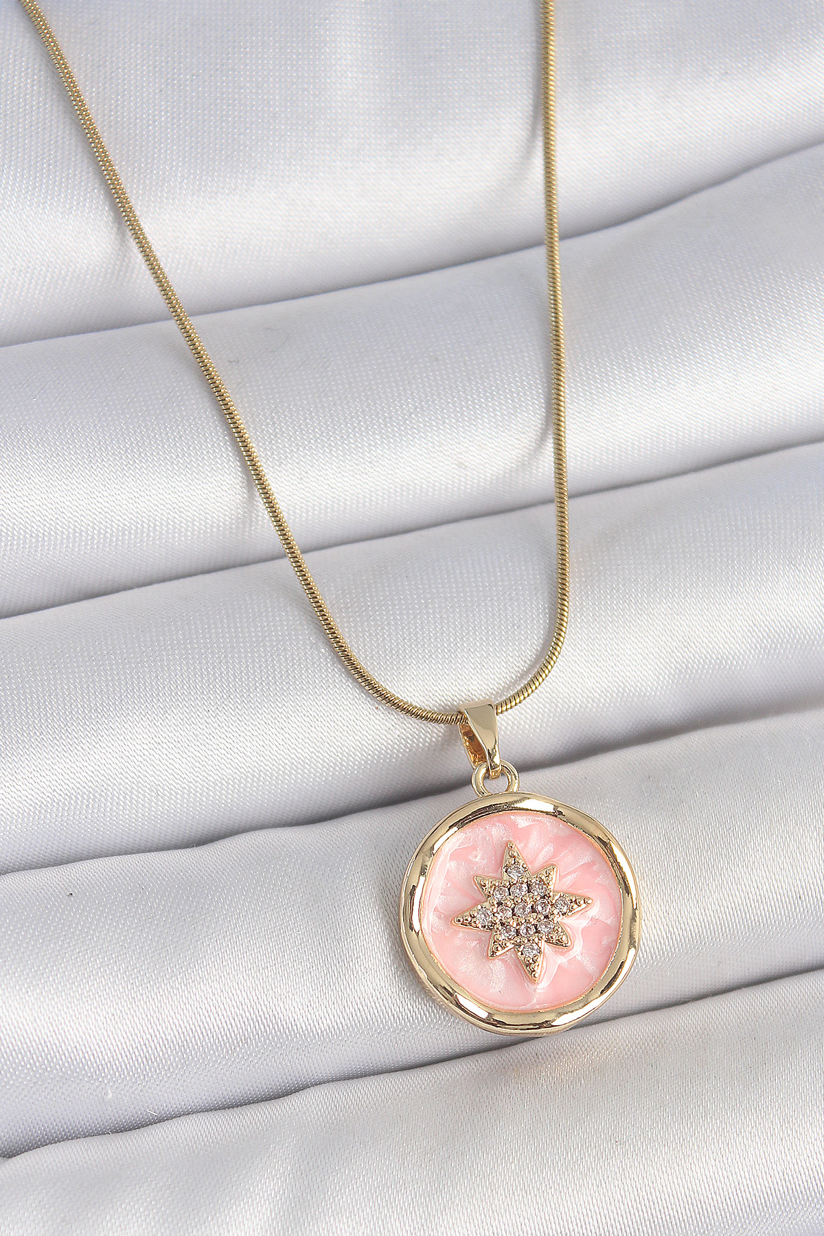316L Çelik Gold Renk Zincir Pembe Mineli Zirkon Taşlı Kuzey Yıldı