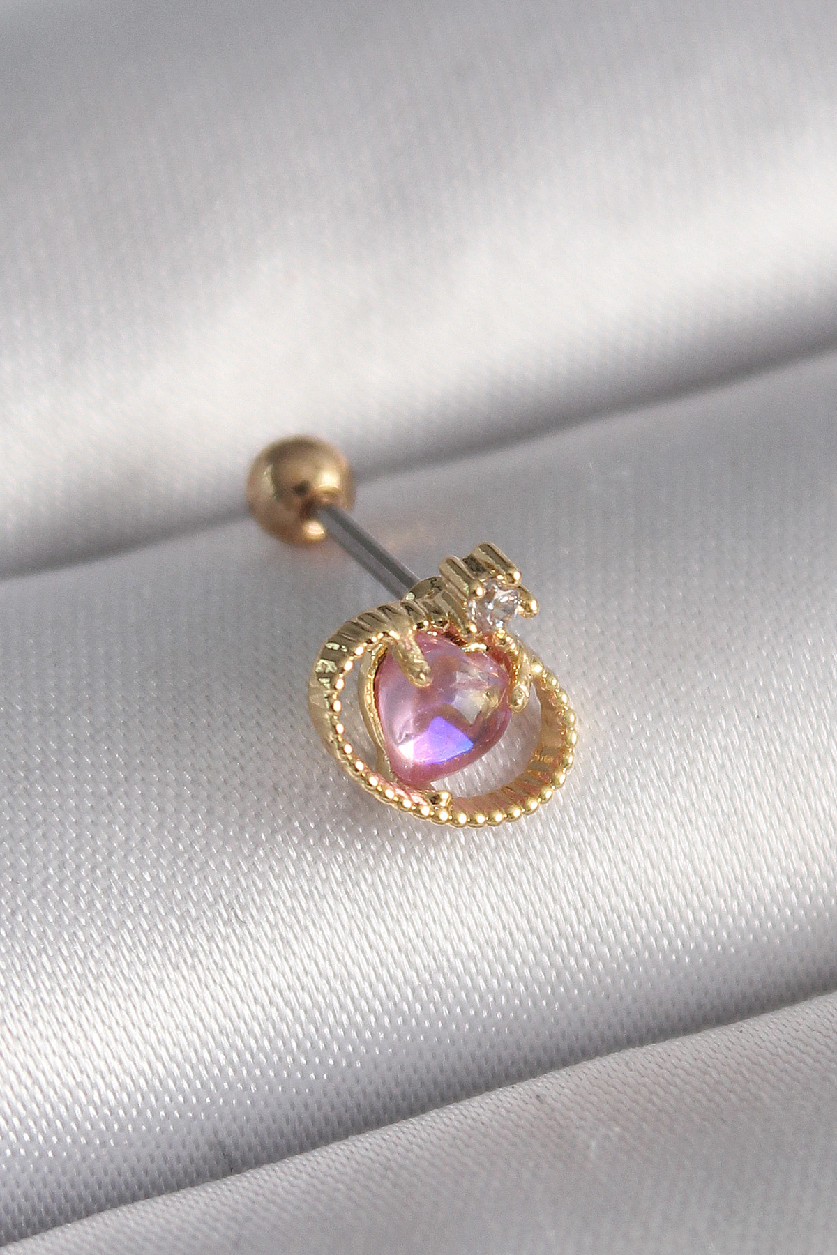 316L Çelik Gold Renk Pembe Mineli Kalp Zirkon Taş Detay Tragus Pi