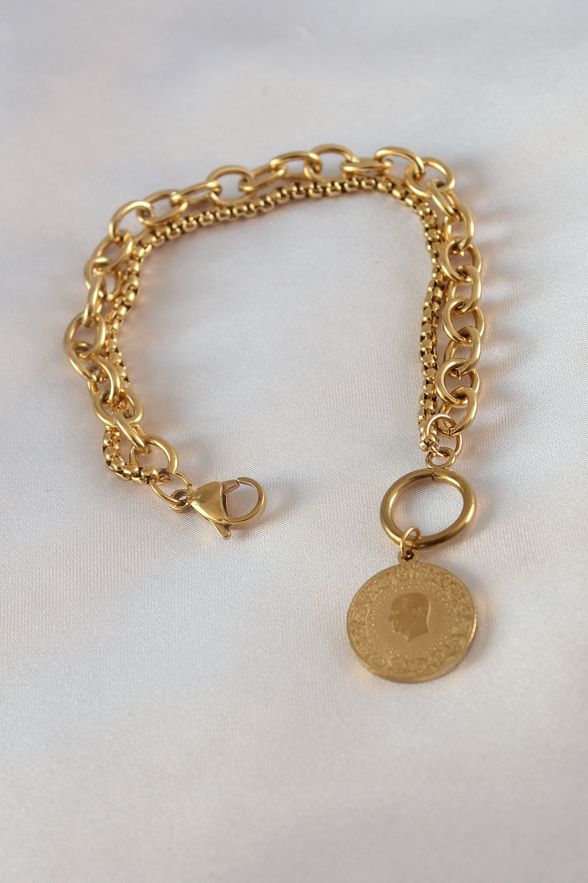 316L Çelik Gold Renk 2'li Zincir Model Çeyrek Altınlı Kadın Bilek