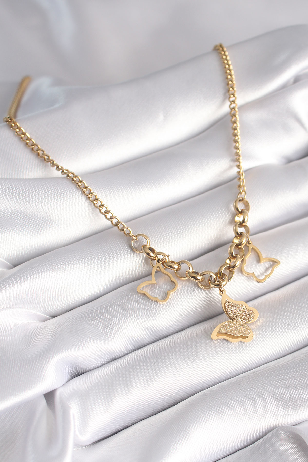 Stillove 316L Çelik Gold Renk Simli Kelebek Model Kadın Kolye