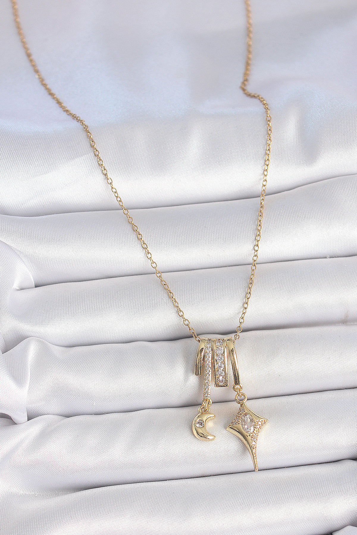 316L Çelik Gold Renk Zirkon Taşlı Sallantı Ay Yıldız Figür Charm