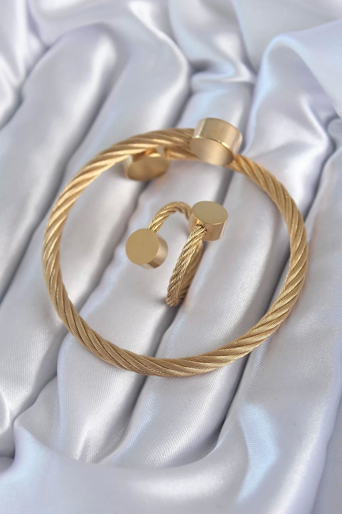 Civetta 316L Çelik Gold Renk Sarmal Model Erkek Bileklik Yüzük Kombini