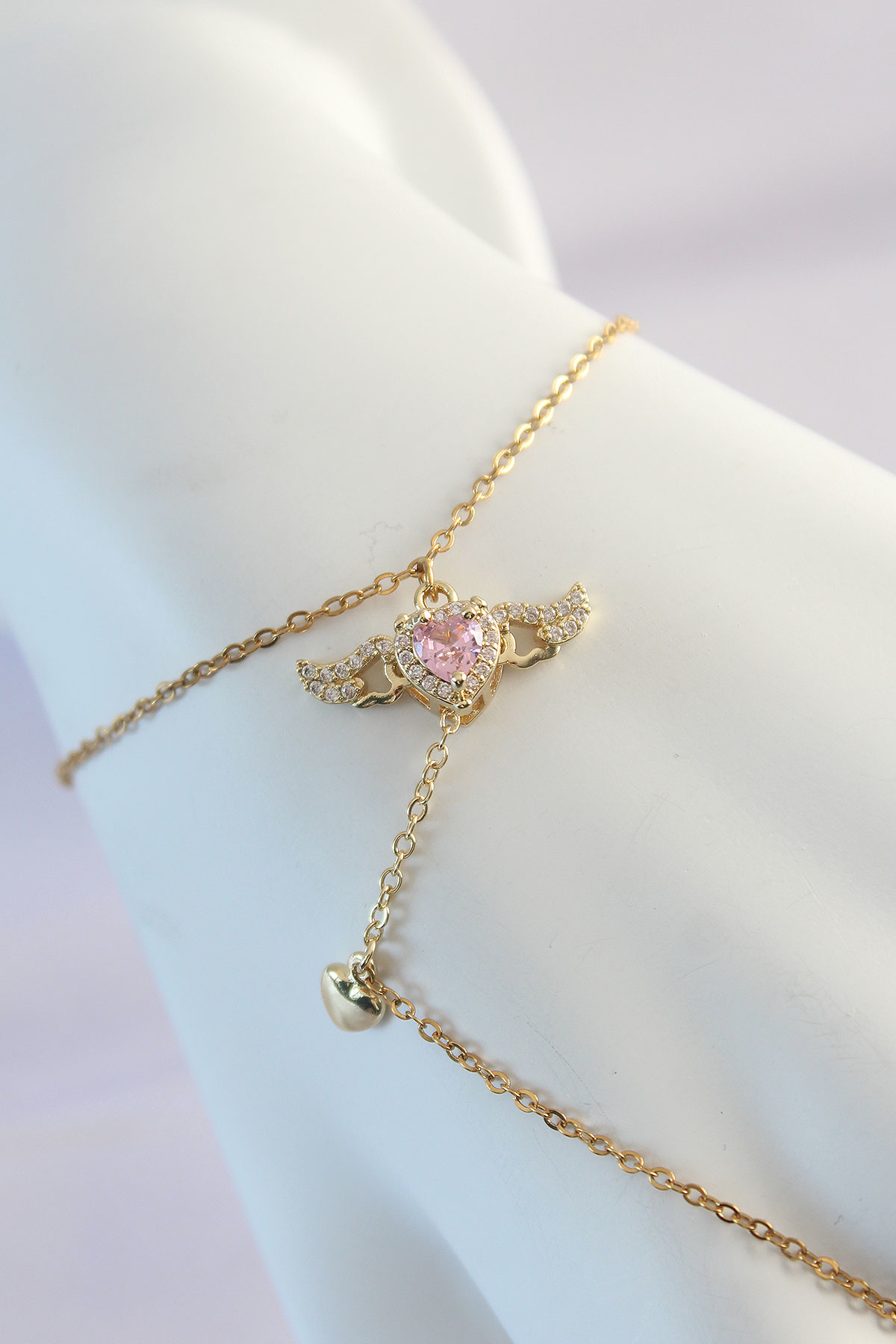 316L Çelik Gold Renk Pembe Zirkon Taşlı Kanatlı Kalp Model Şahmer