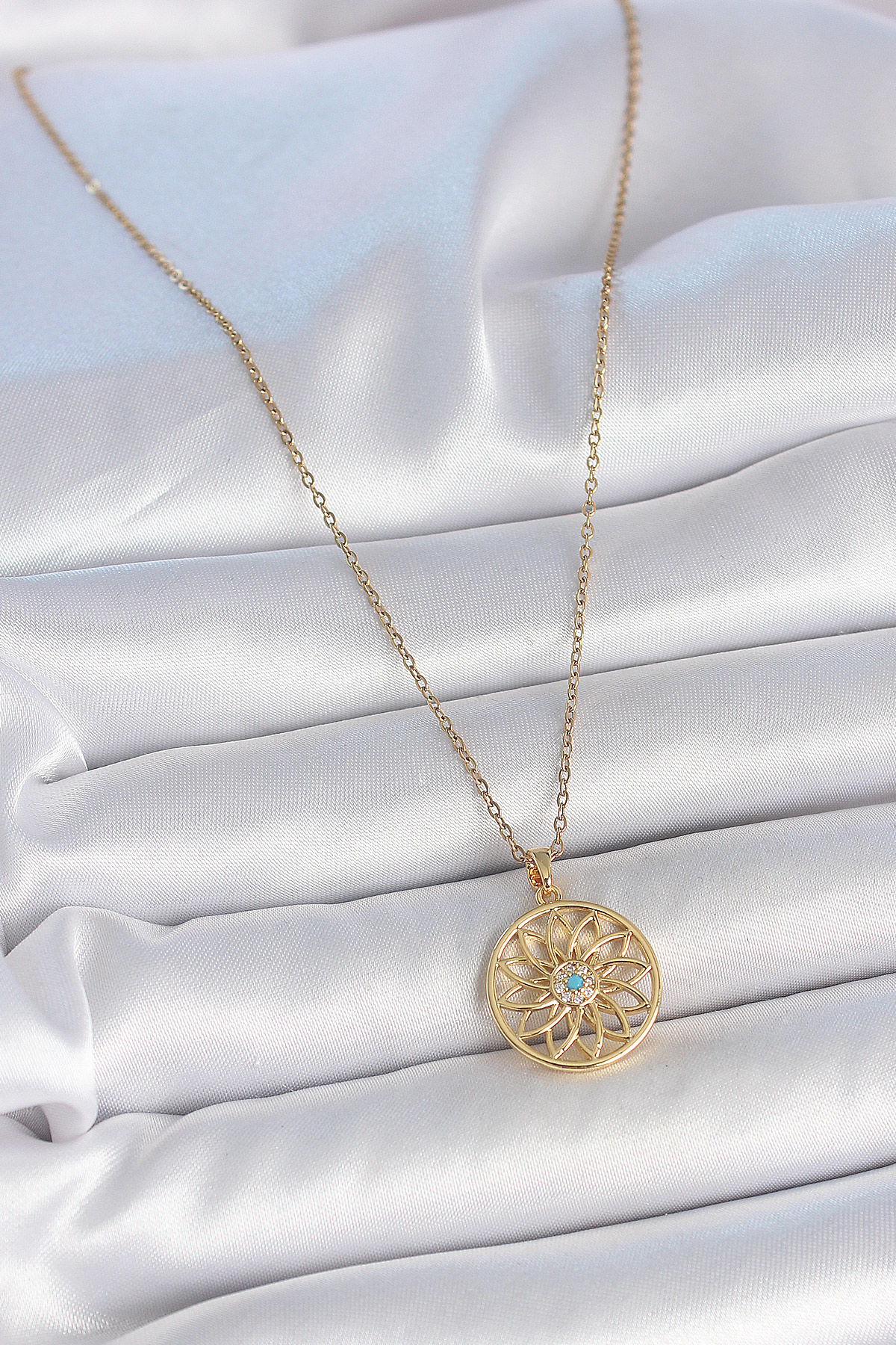 316L Çelik Gold Renk Zincr Mavi Taşlı Lotus Model Kadın Kolye - T