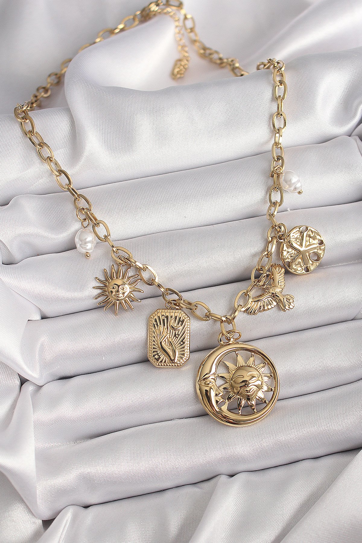 316L Çelik Gold Renk Halka Zincir Sallantı Ay Güneş Figür Kuş Det