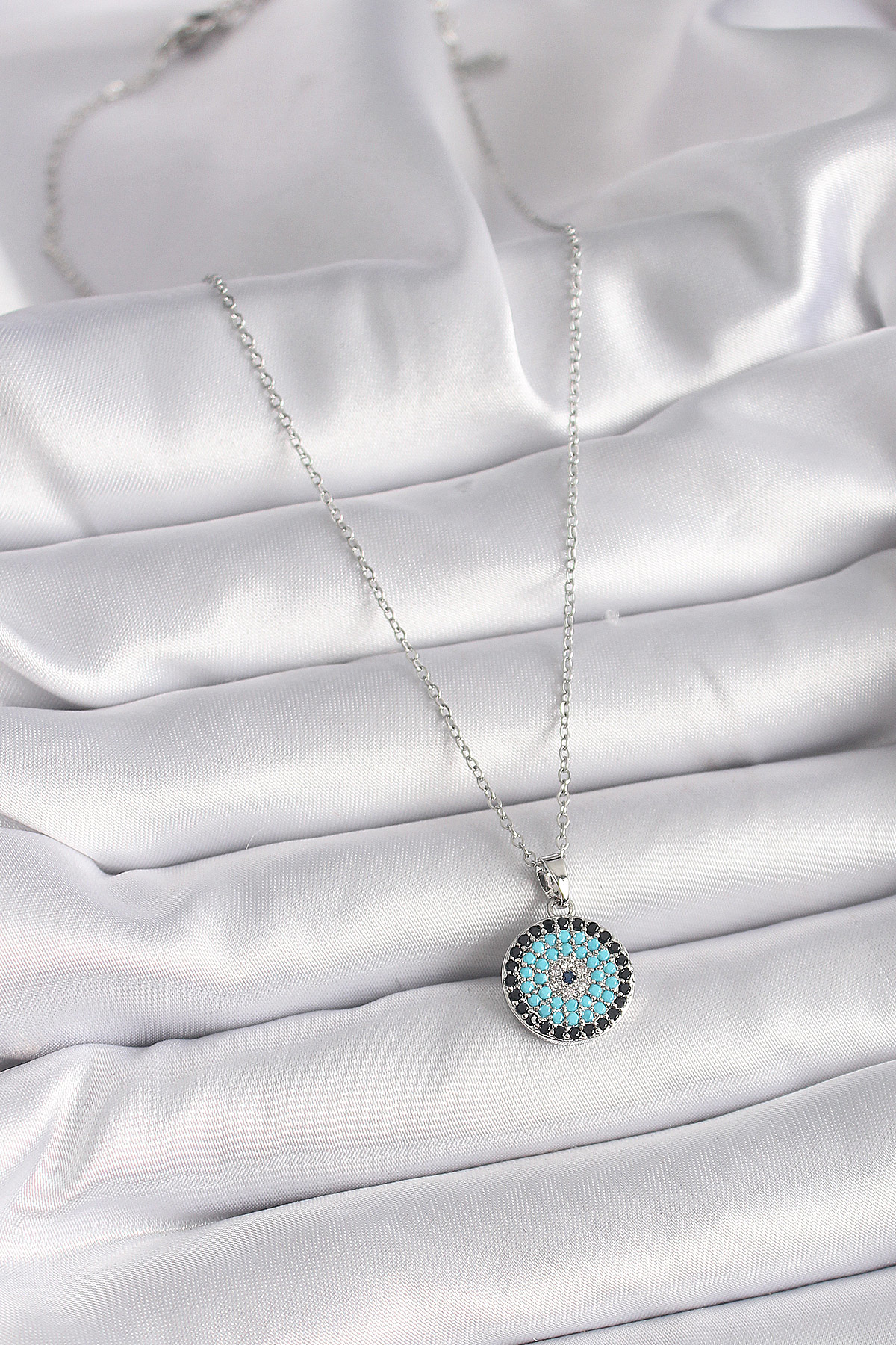 316L Çelik Gümüş Renk Zincir Nazar Boncuk Madalyon Model Kadın Ko