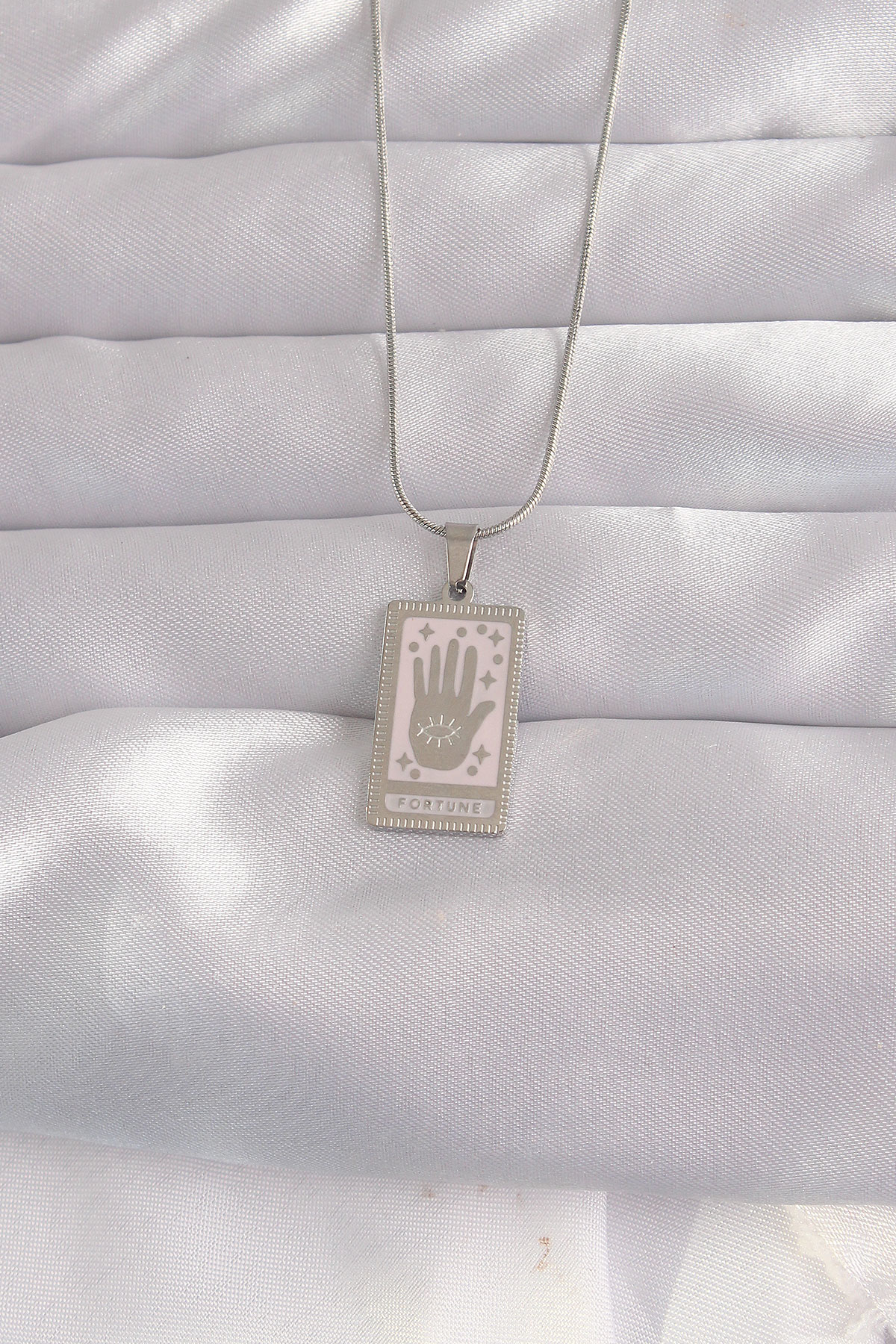 316L Çelik Gümüş Renk Pembe Mineli El Figür Tarot Kolye - TJ-BKO9