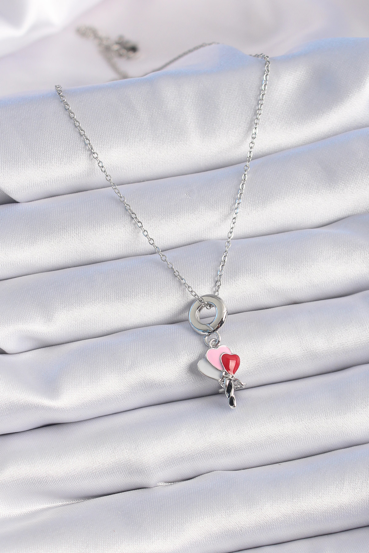 316L Çelik Gümüş Renk Renkli Kalp Figür Charm Model Kadın Kolye -