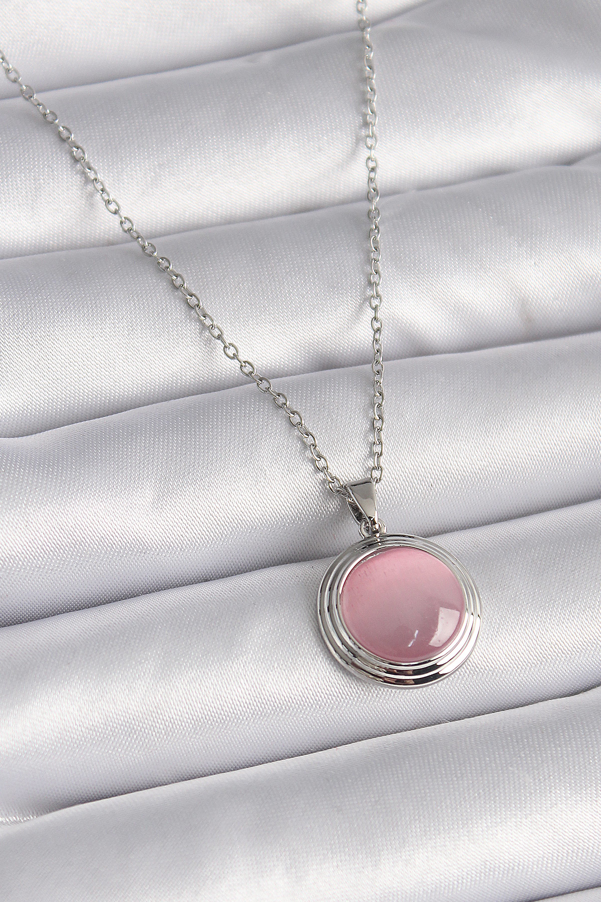 316L Çelik Gümüş Renk Daire Pembe Sedefli Model Kadın Kolye SL906
