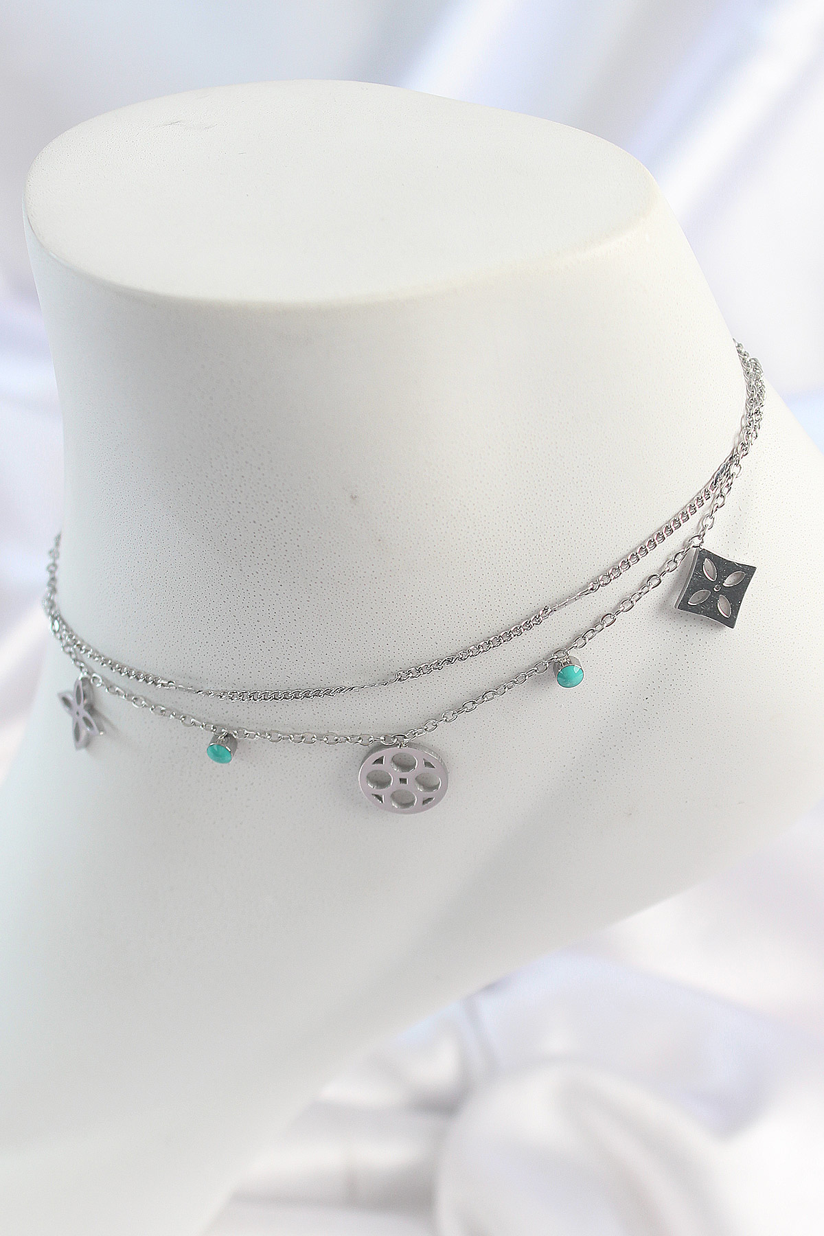 316L Çelik Gümüş Renk 2'Li Zincir Rüya Kapanı Figür Mavi Taş Deta