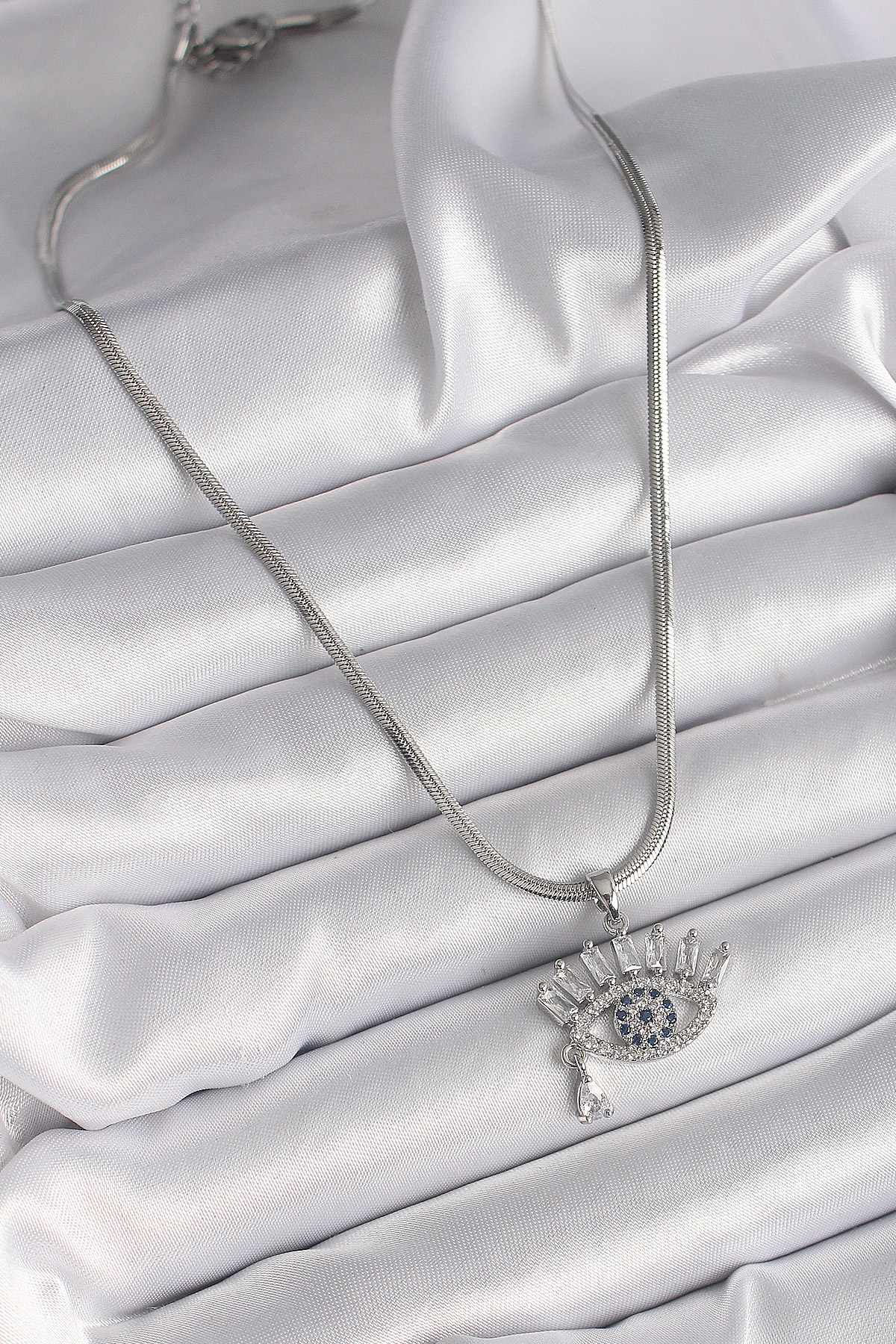 316L Çelik Gümüş Renk İtalyan Zincir Zirkon Taşlı Göz Model Kadın