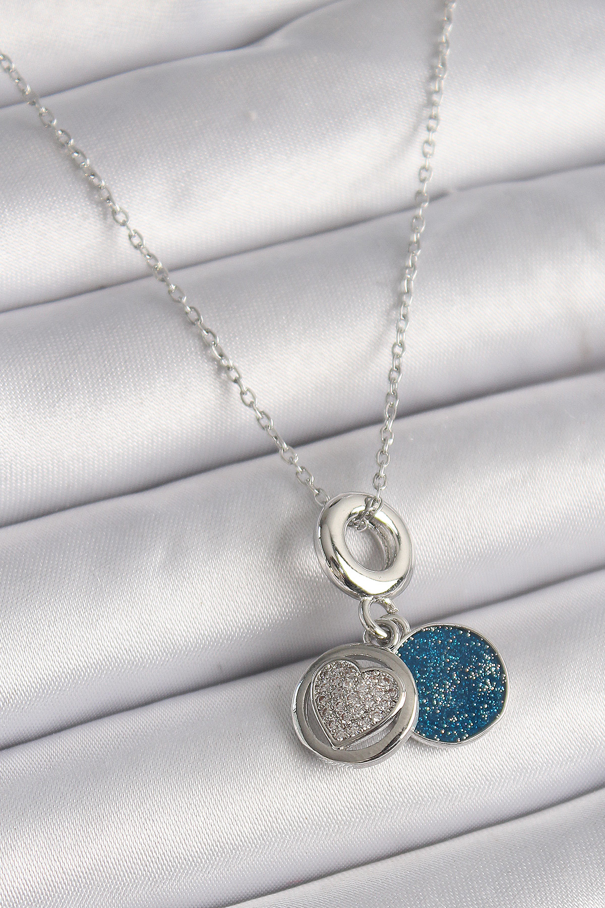 316L Çelik Gümüş Renk Zincir Zirkon Taşlı İşleme Mavi Simli Kadın