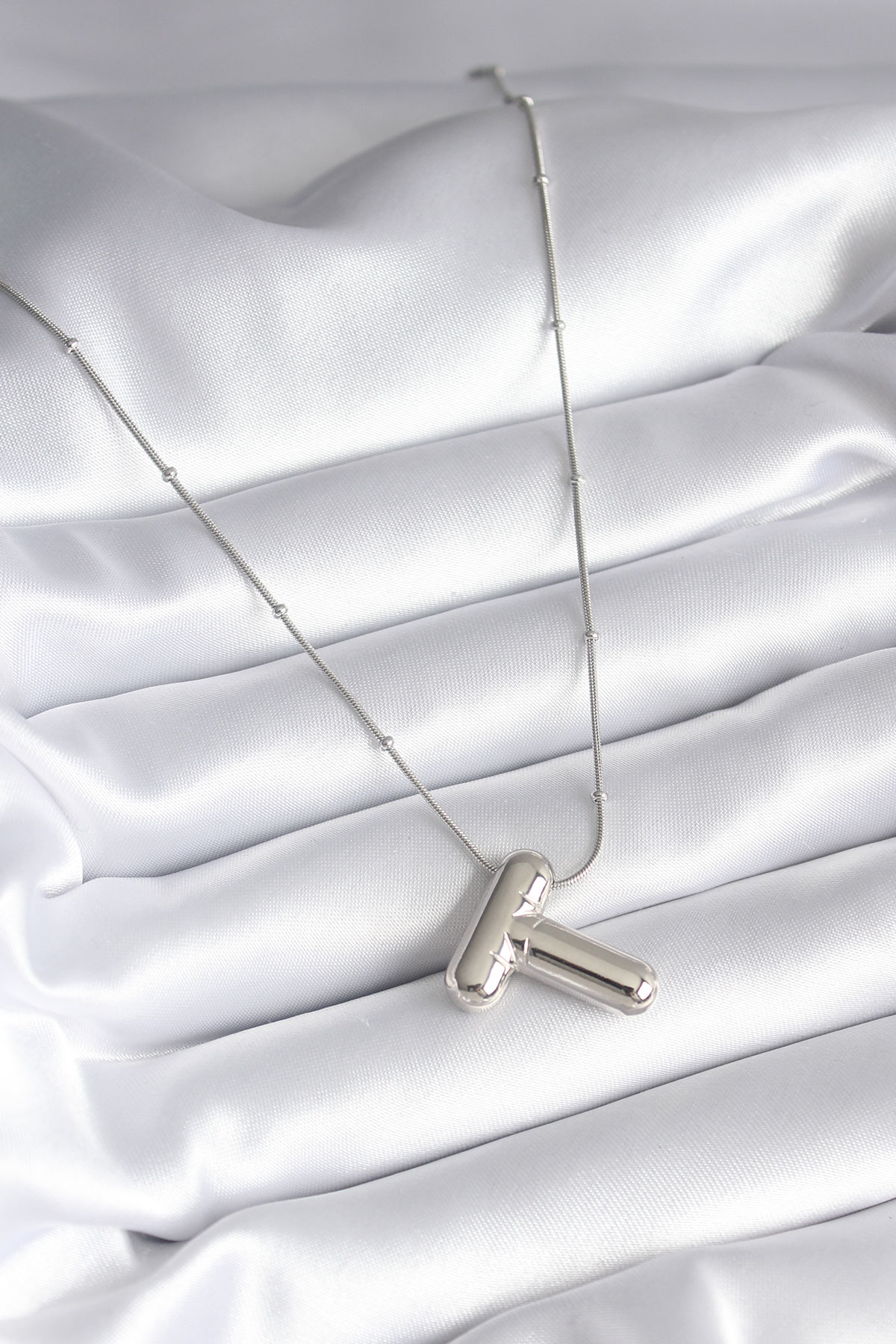 316L Çelik Gümüş Renk Bubble "T" Harf Model Kadın Kolye - TJ-BKO8