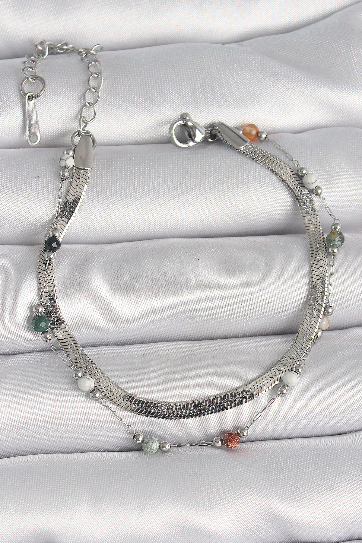 316L Çelik Gümüş Renk 2'li İtalyan Zincir Kristal Taş Detay Kadın