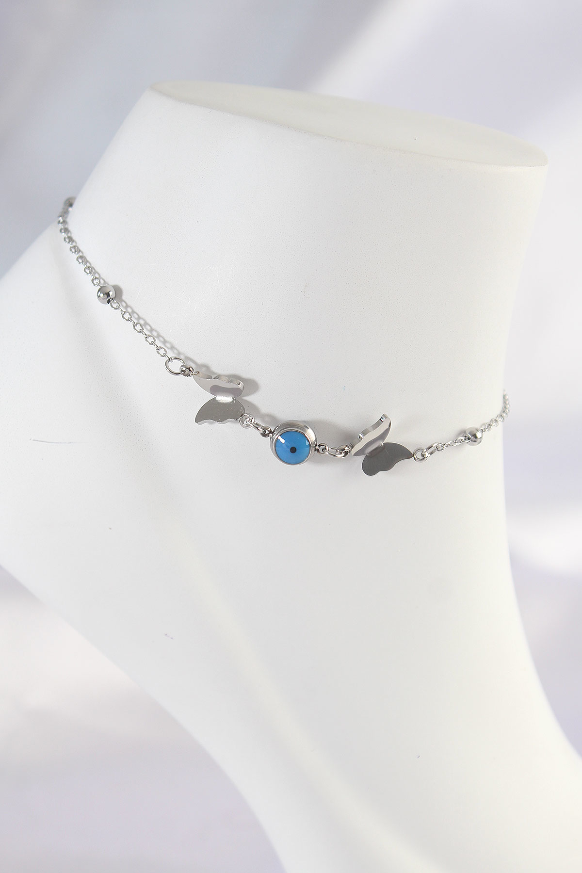 316L Çelik Gümüş Renk Nazar Boncuk Detay Kelebek Halhal - TJ-HH16