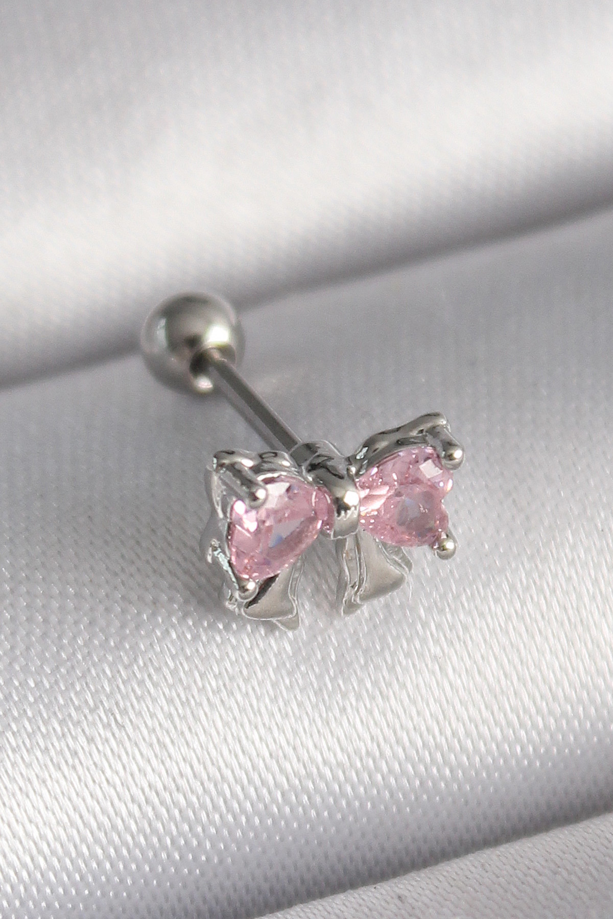 316L Çelik Gümüş Renk Pembe Zirkon Taşlı Fiyonk Tragus Piercing -