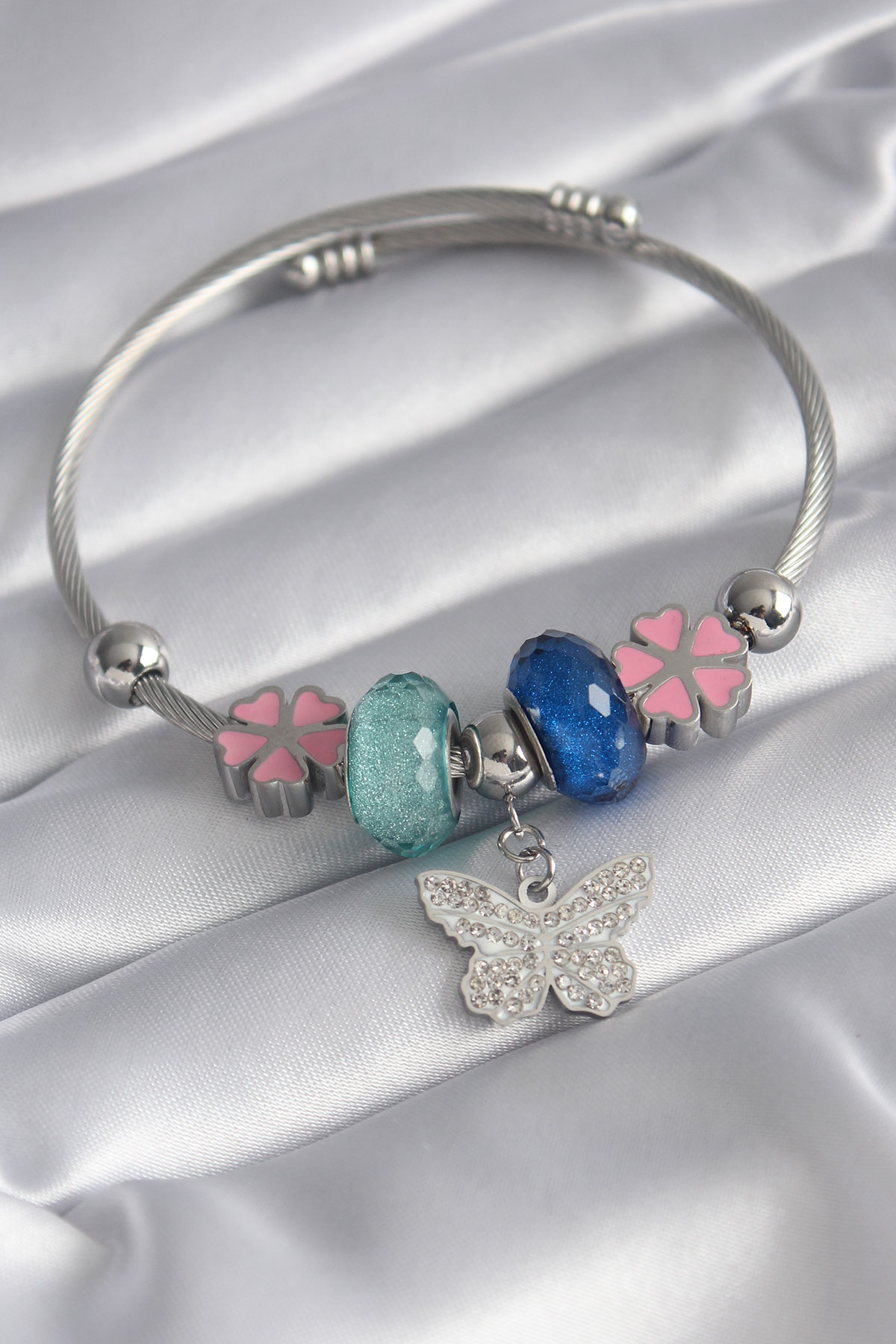 316L Çelik Gümüş Renk Kristal Taşlı Zirkon Taşlı Kelebek Figür Ch