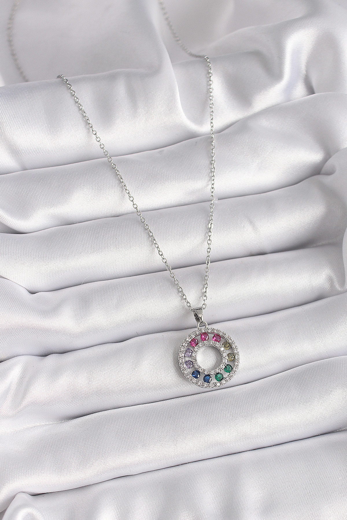 Stillove 316L Çelik Gümüş Renk Zincir Renkli Zirkon Taşlı Madalyon Model K