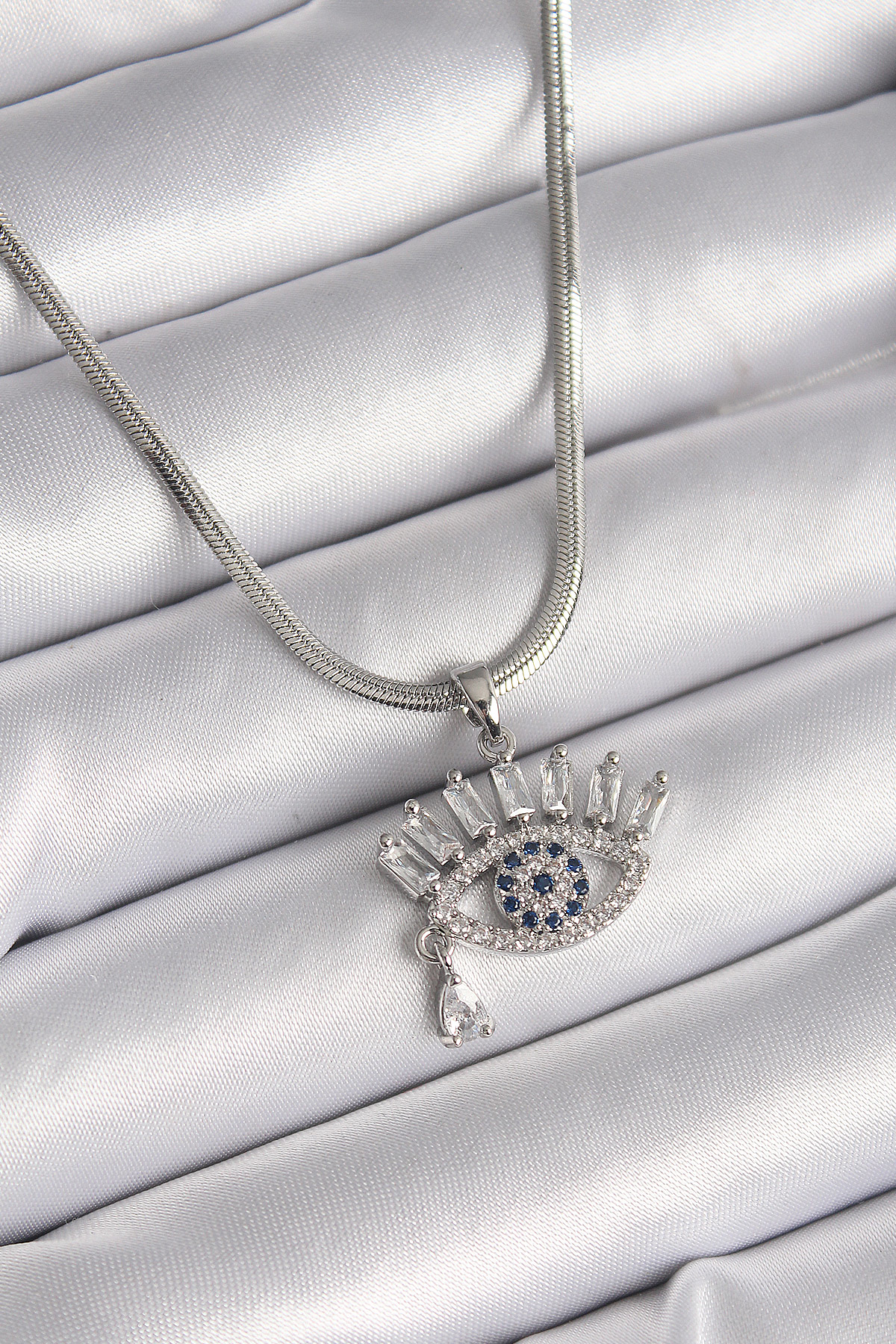 316L Çelik Gümüş Renk İtalyan Zincir Zirkon Taşlı Göz Model Kadın