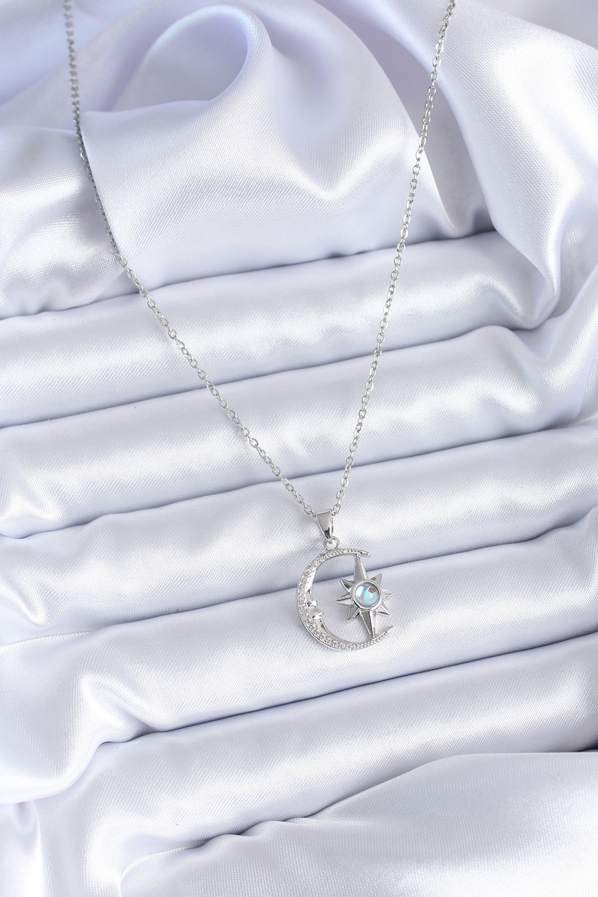 Stillove 316L Çelik Gümüş Renk Zirkon Taşlı Ay Yıldız Model Kadın Kolye Sl