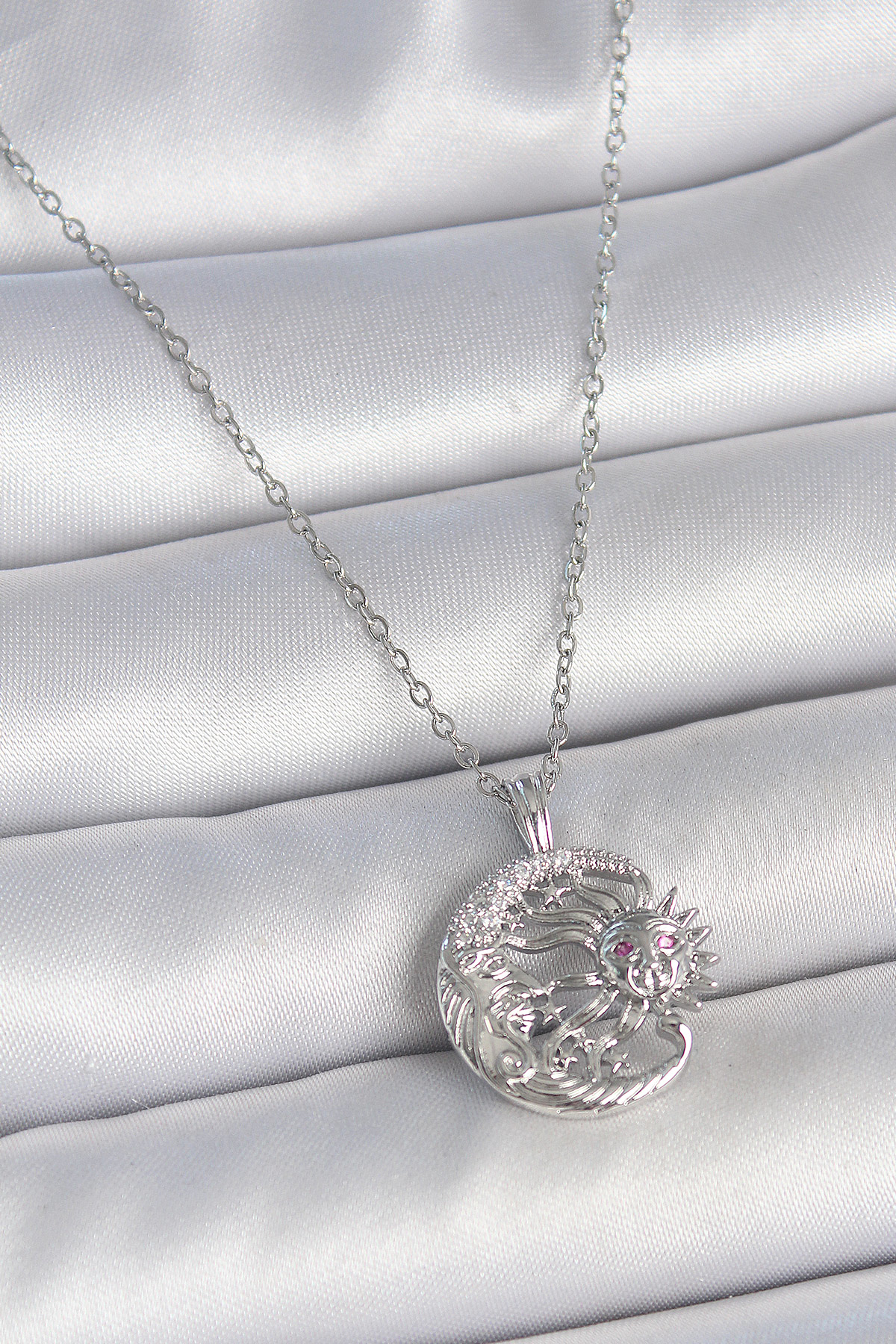 Stillove 316L Çelik Gümüş Renk Zincir Ay Güneş Model Zirkon Taş Detay Kadı