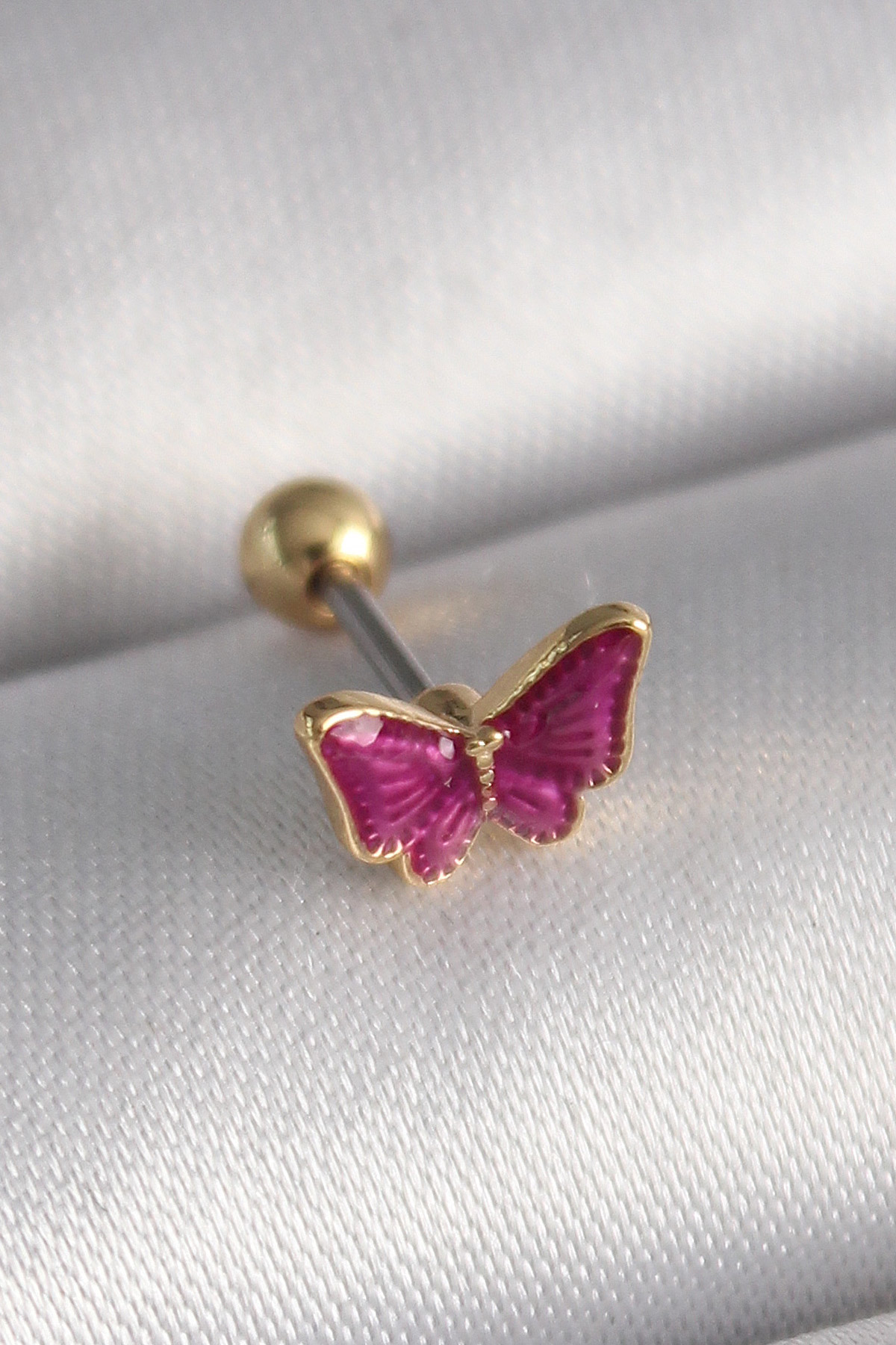 316L Çelik Gümüş Renk Pembe Kelebek Model Tragus Piercing - TJ-PR