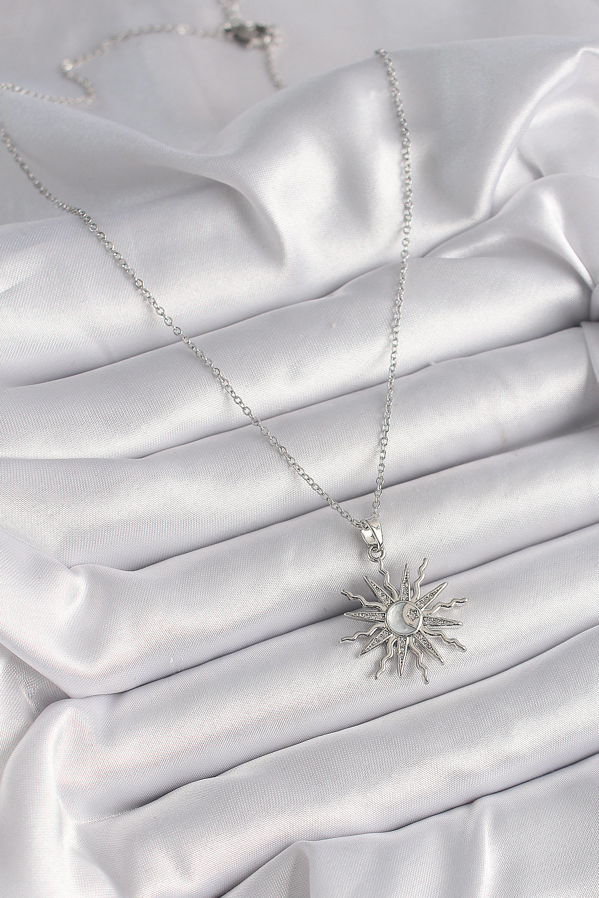 Stillove 316L Çelik Gümüş Renk Zincir Zirkon Taşlı Yıldız Model Sedefli Ay