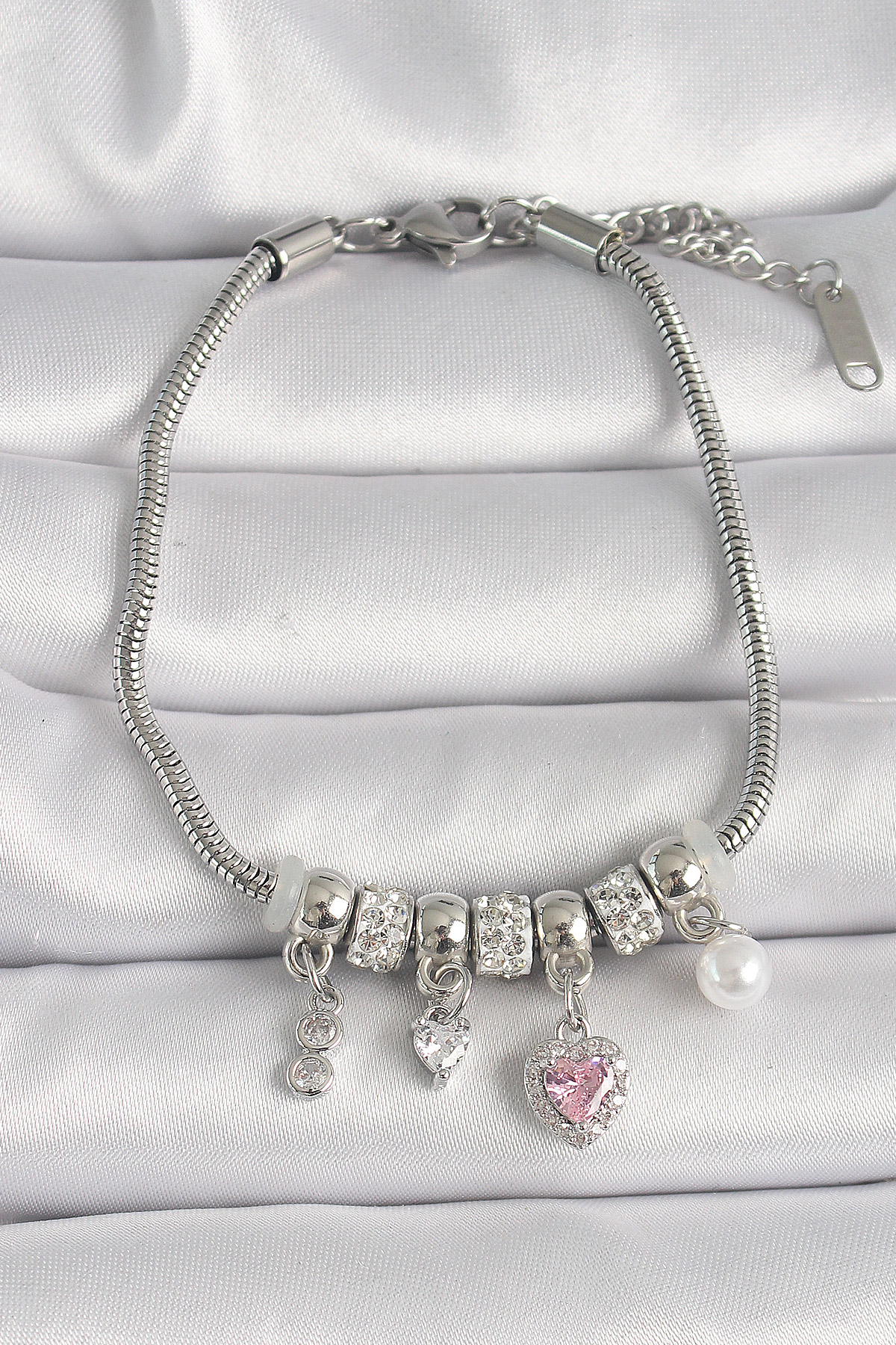 316L Çelik Gümüş Renk Zincir Sallantı Zirkon Taşlı Kalp Figür İnc