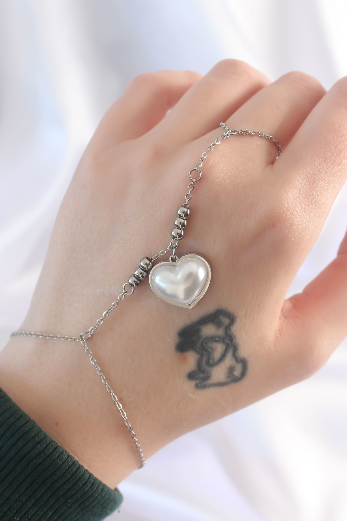 316L Çelik Gümüş Renk Beyaz Bubble Kalp Tasarımlı Şahmeran - TJ-S