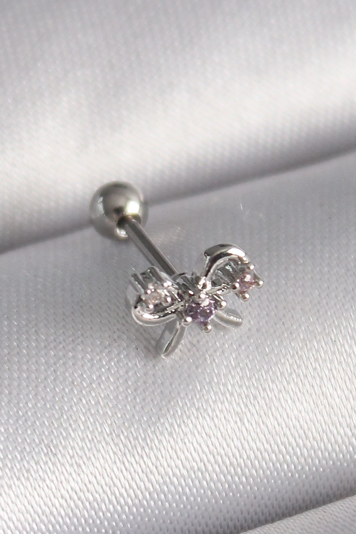 316L Çelik Gümüş Renk Zirkon Taşlı Kurdele Tragus Piercing - TJ-P