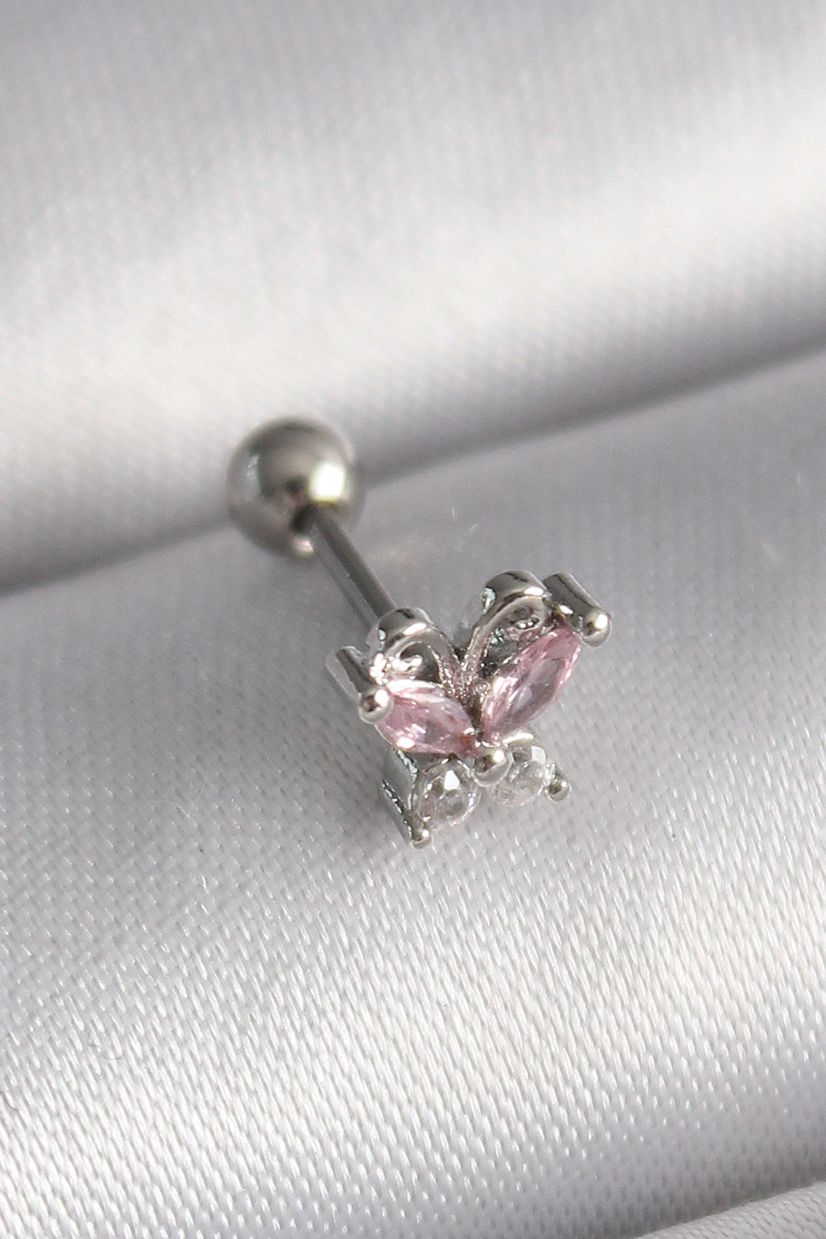 316L Çelik Gümüş Renk Pembe Zirkon Taşlı Kelebek Tragus Piercing 