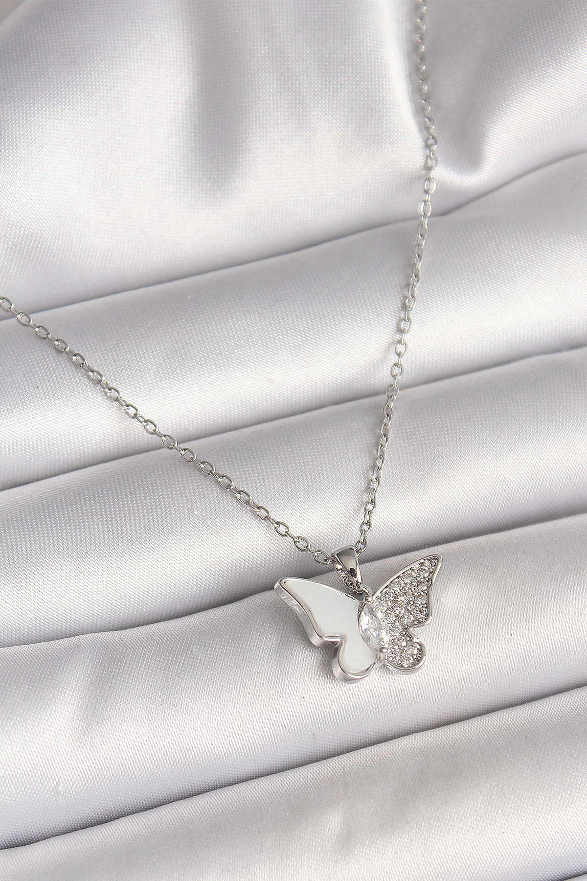 316L Çelik Gümüş Renk Siyah Mineli Yonca Kolye SL8460