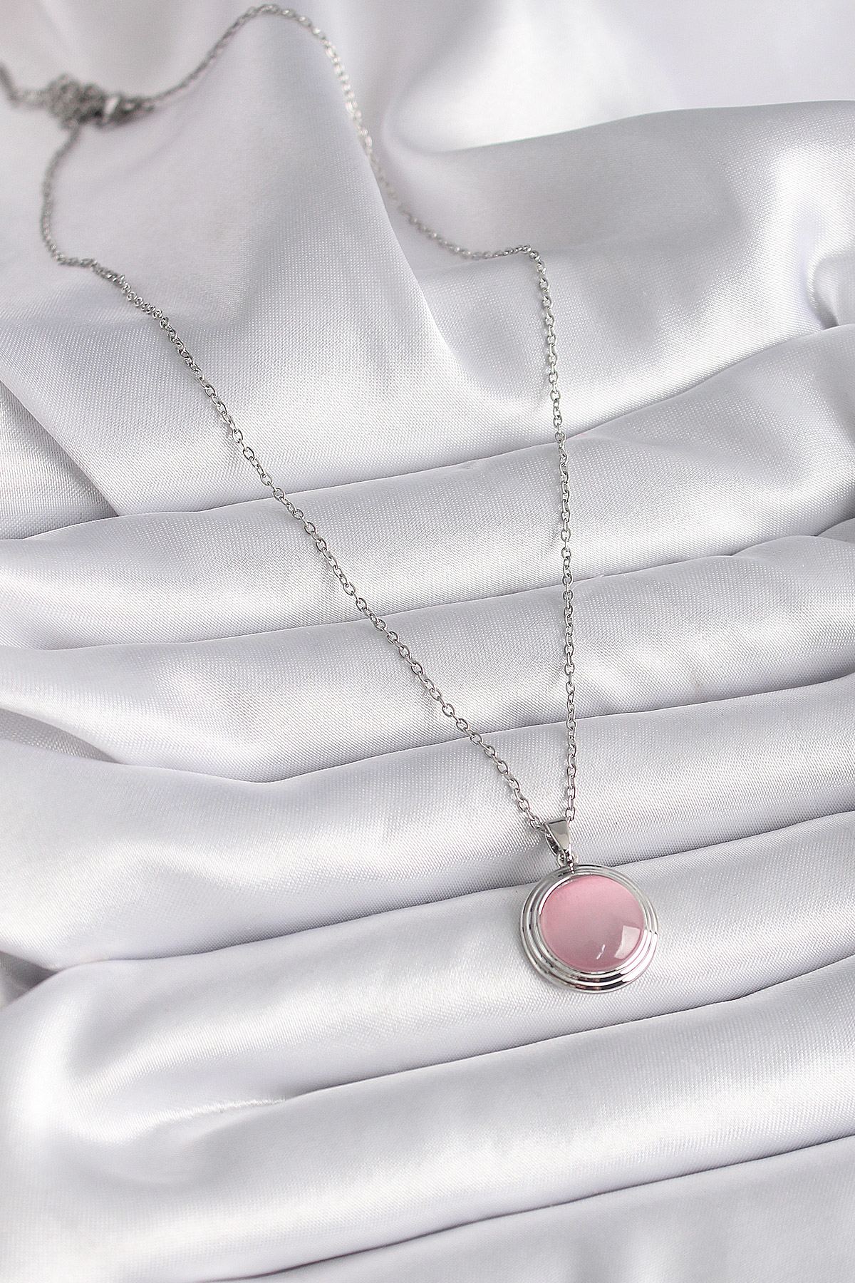 316L Çelik Gümüş Renk Daire Pembe Sedefli Model Kadın Kolye SL906