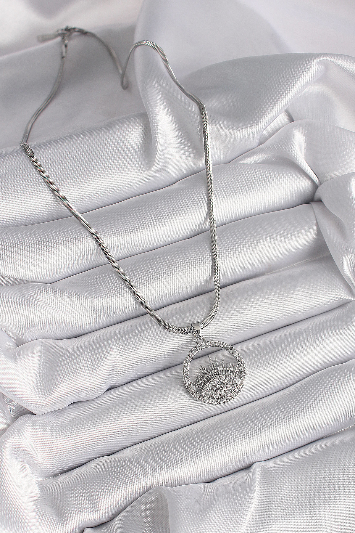 316L Çelik Gümüş Renk İtalyan Zincir Zirkon Taşlı Göz Model Kadın