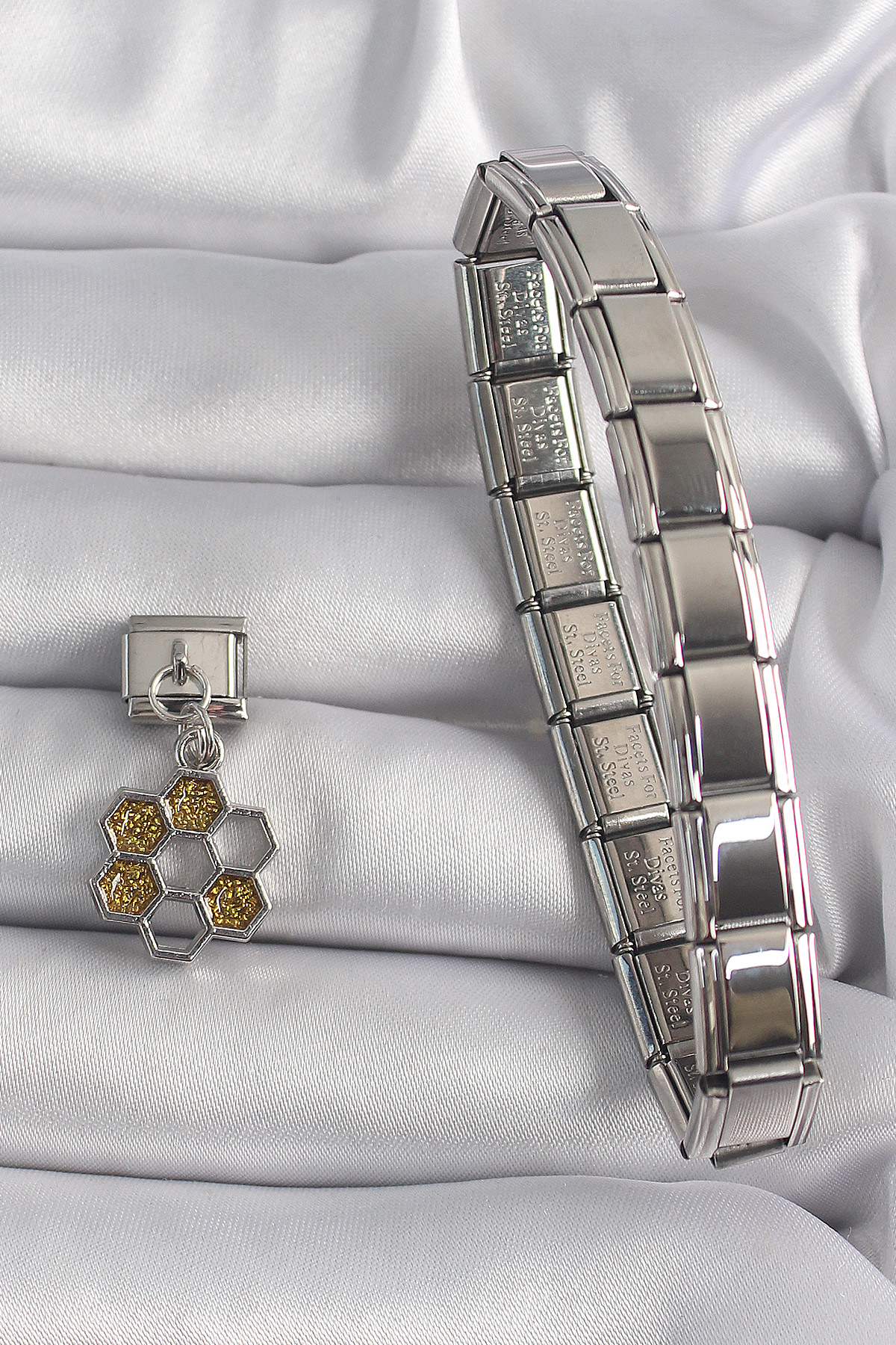 Stillove 316L Çelik Gümüş Renk Sallantı Simli Bal Beteği Model Nomination 