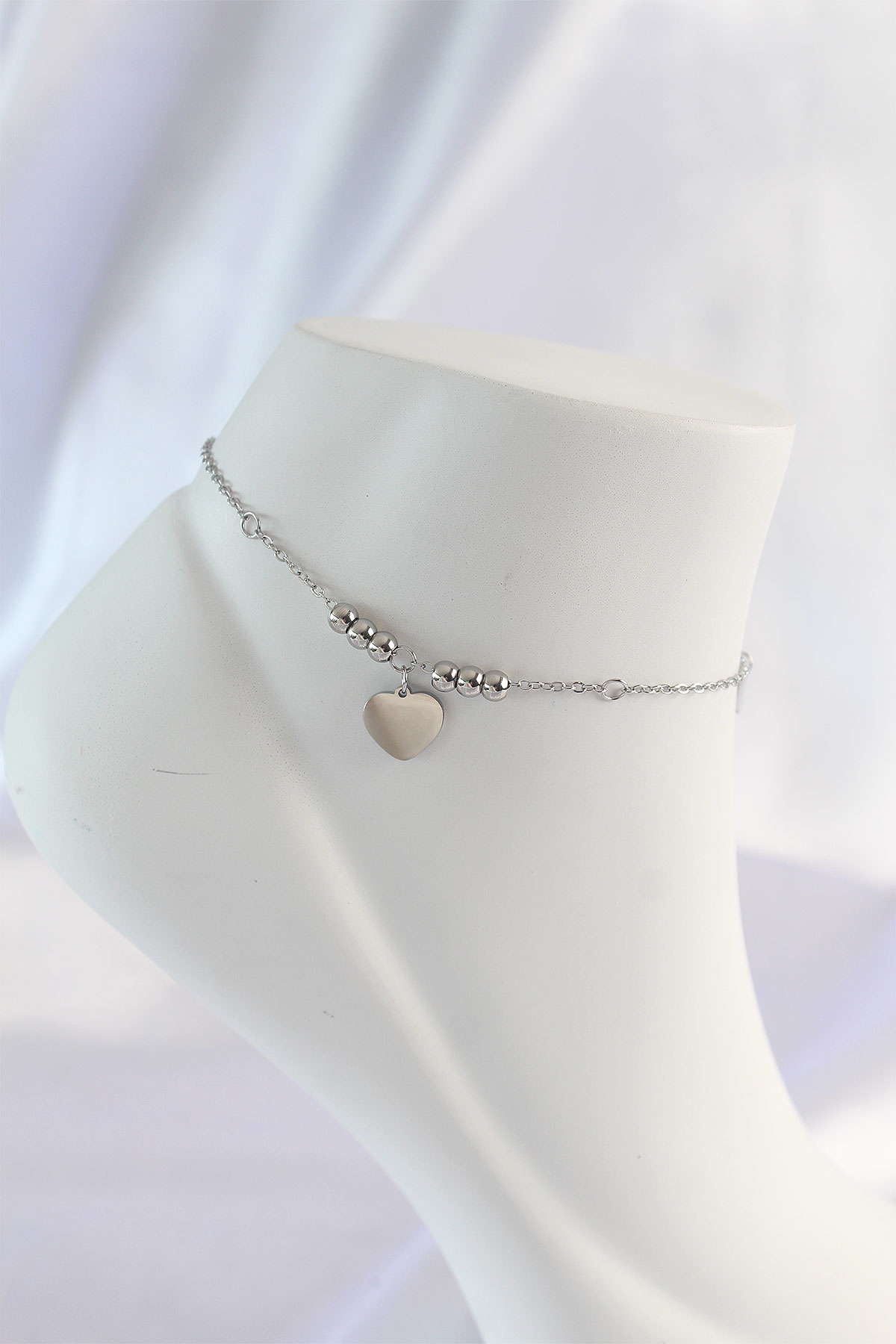 316L Çelik Gümüş Renk Zirkon Taş Detay Kalpli Halhal SL7660