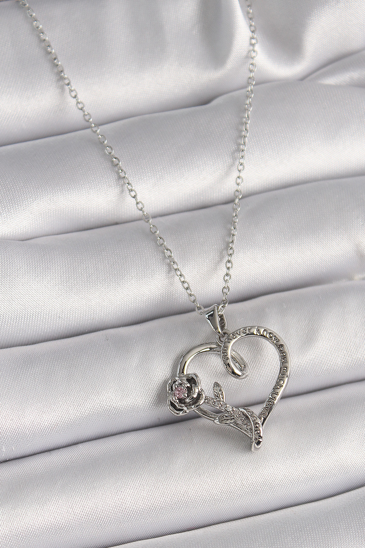 316L Çelik Gümüş Renk Zincir Zirkon Taşlı Kalp Figür Gül Detay Ka